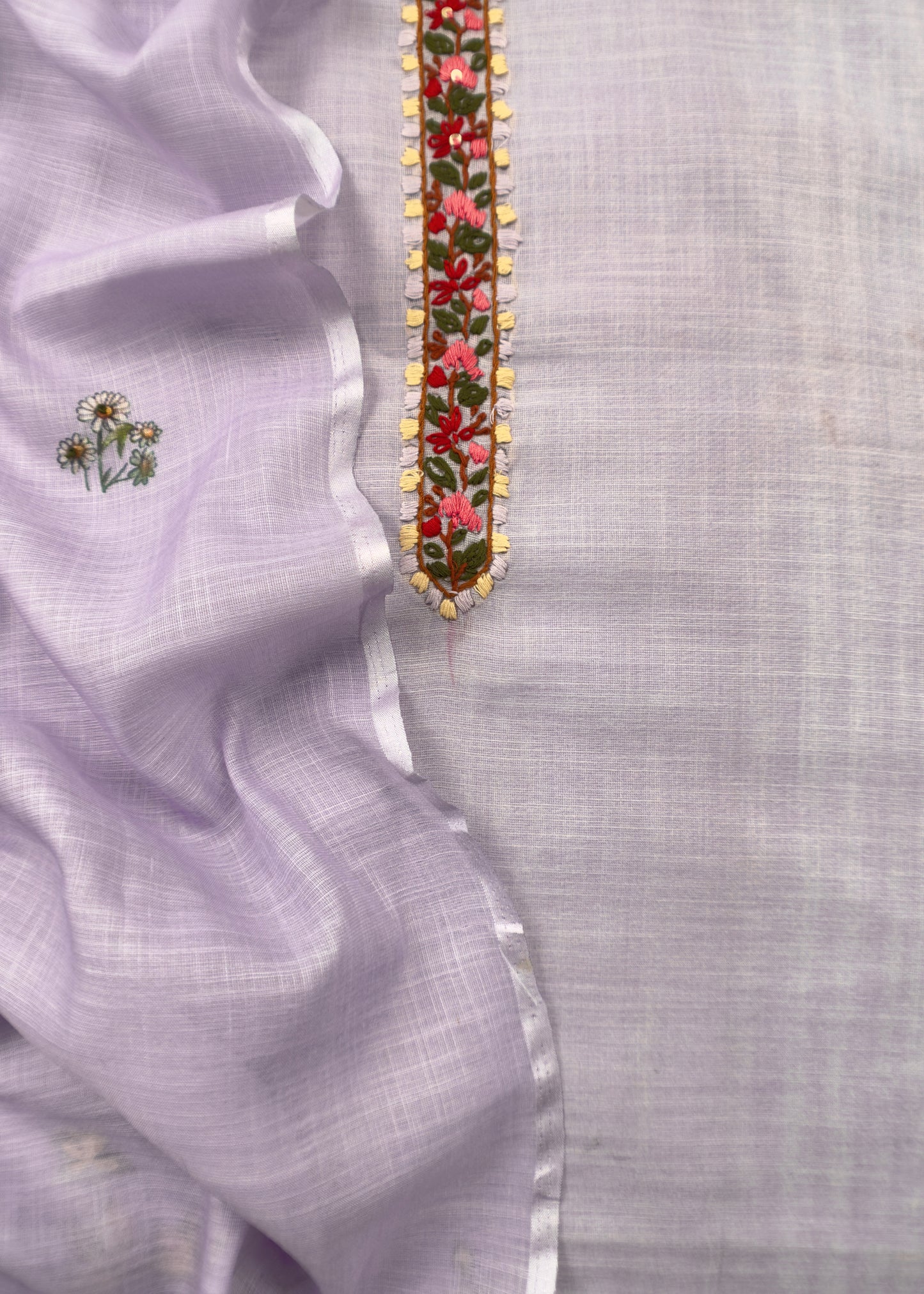 Powder Purple Linen Deer Suit Fabric With Kantha Hand Embroidery