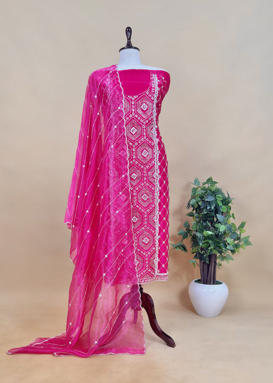 Hot Pink Glass Tissue Three-Piece Wedding Suit Fabric With Hand Work