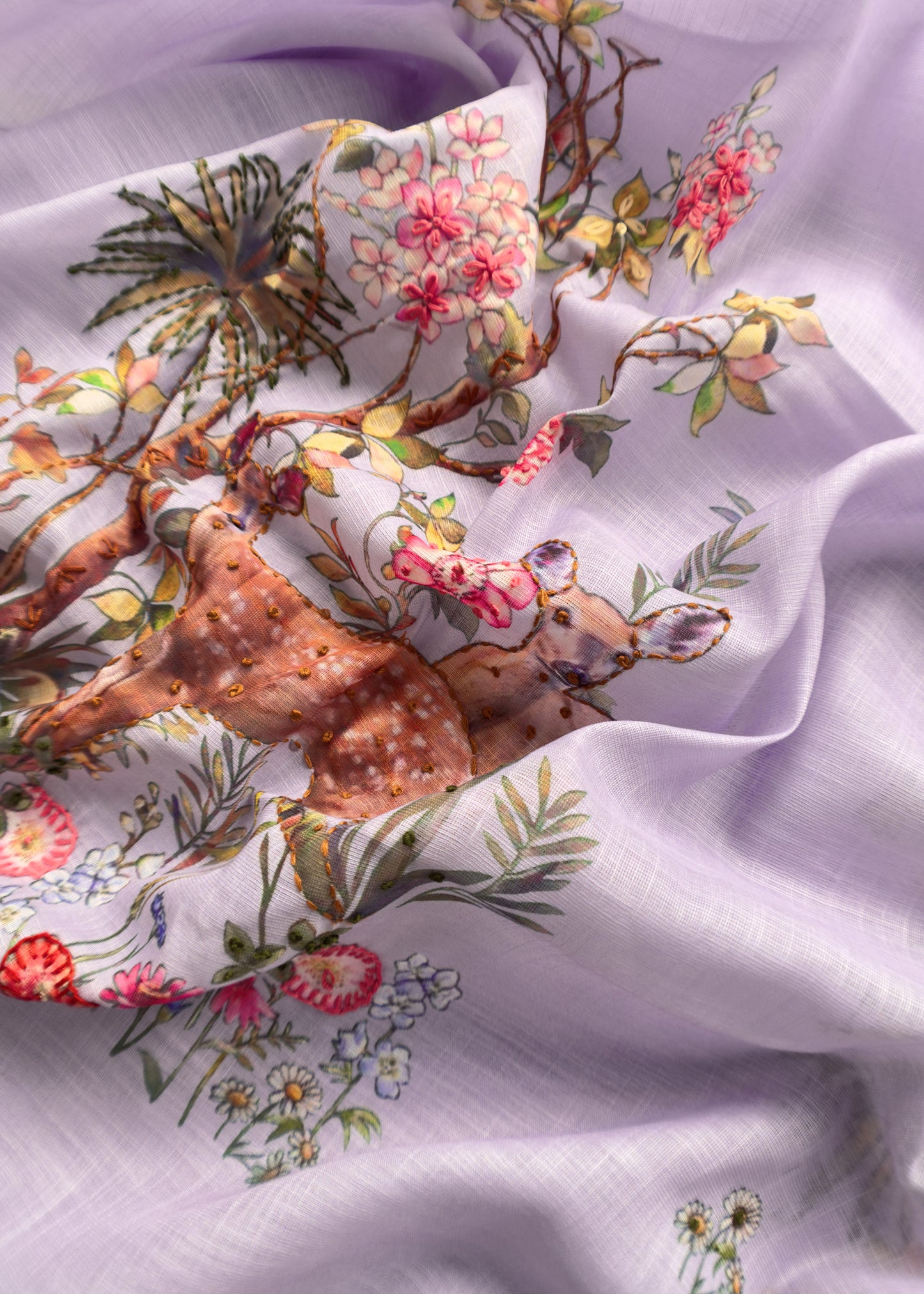 Powder Purple Linen Deer Suit Fabric With Kantha Hand Embroidery