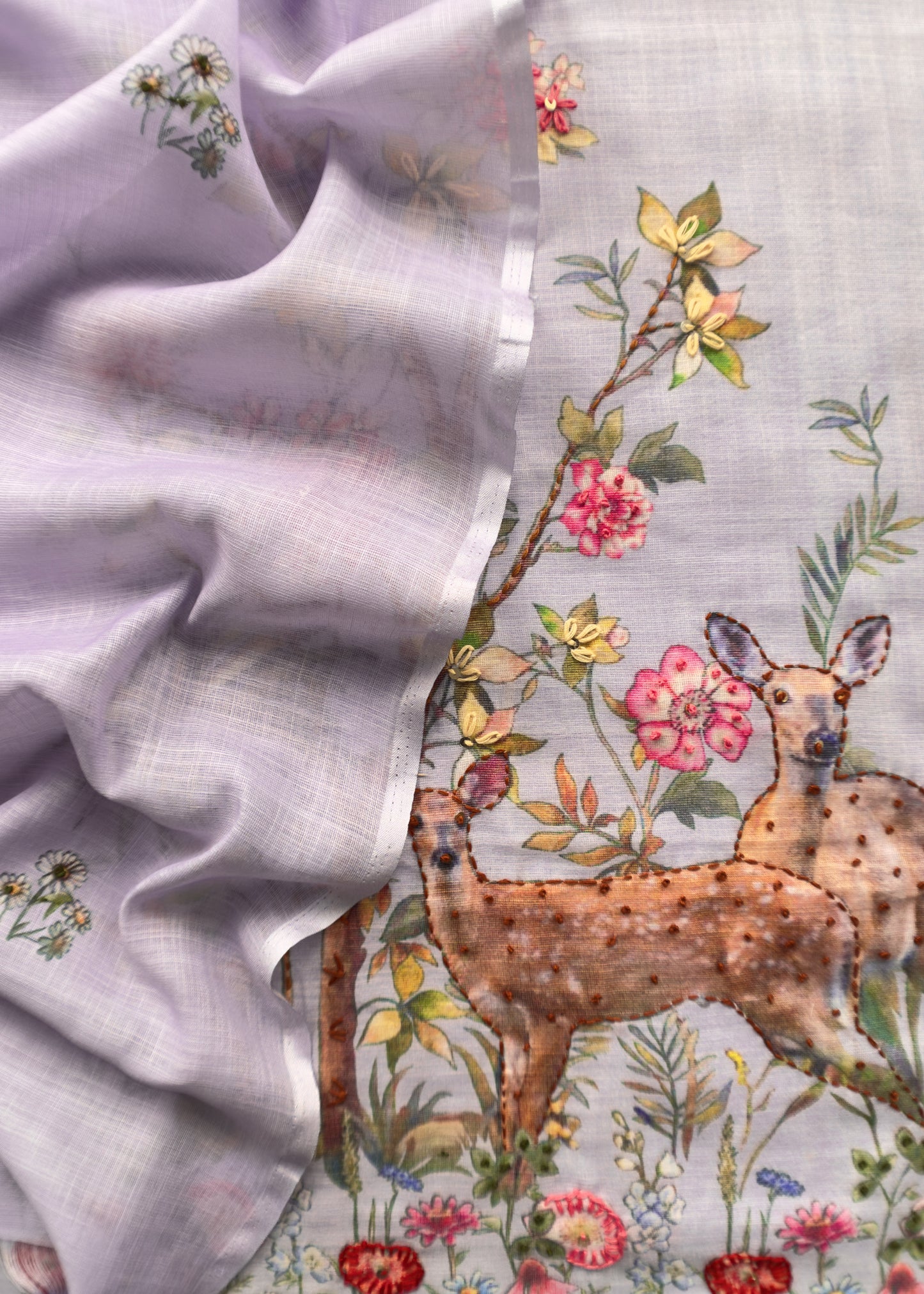 Powder Purple Linen Deer Suit Fabric With Kantha Hand Embroidery