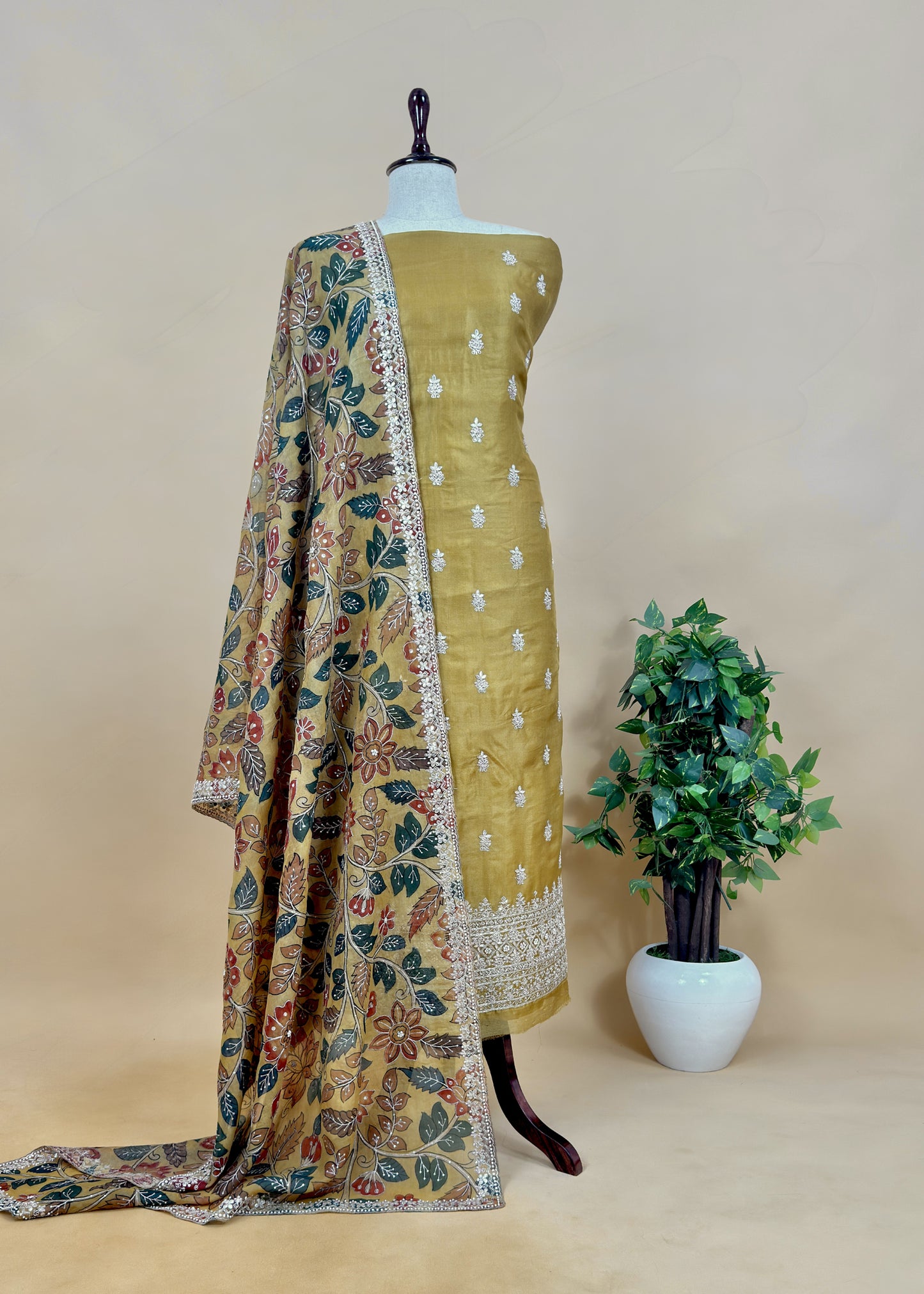 Rangreza Kalasheel Luxe Citrine Yellow Handloom Organza Suit With Real Hand-painted Kalamkari And Hand Work