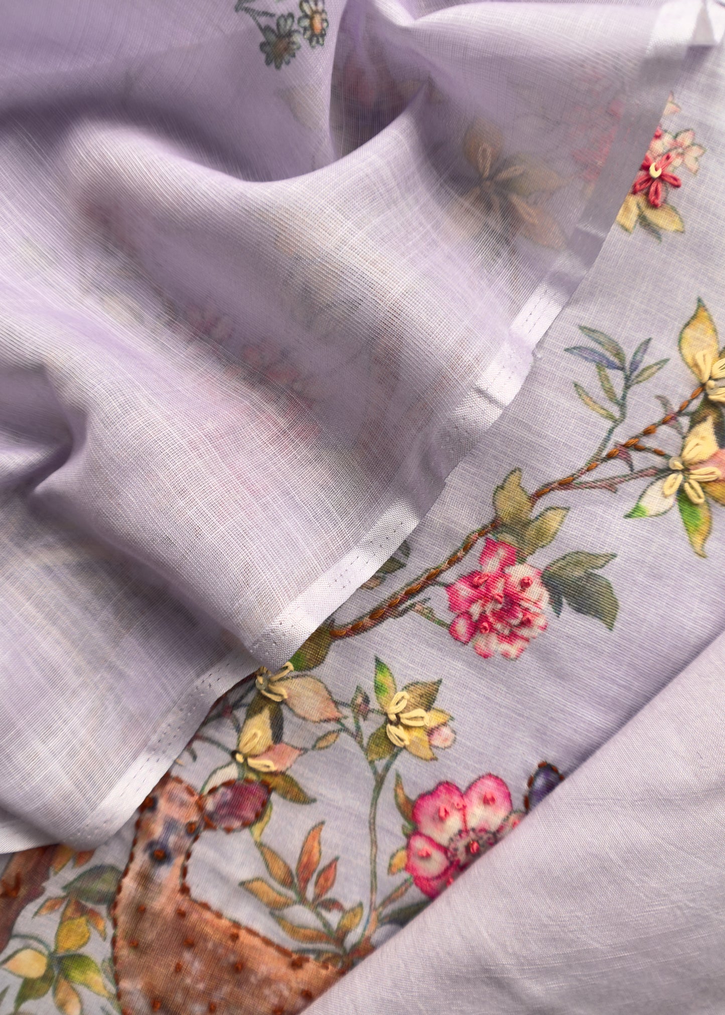 Powder Purple Linen Deer Suit Fabric With Kantha Hand Embroidery