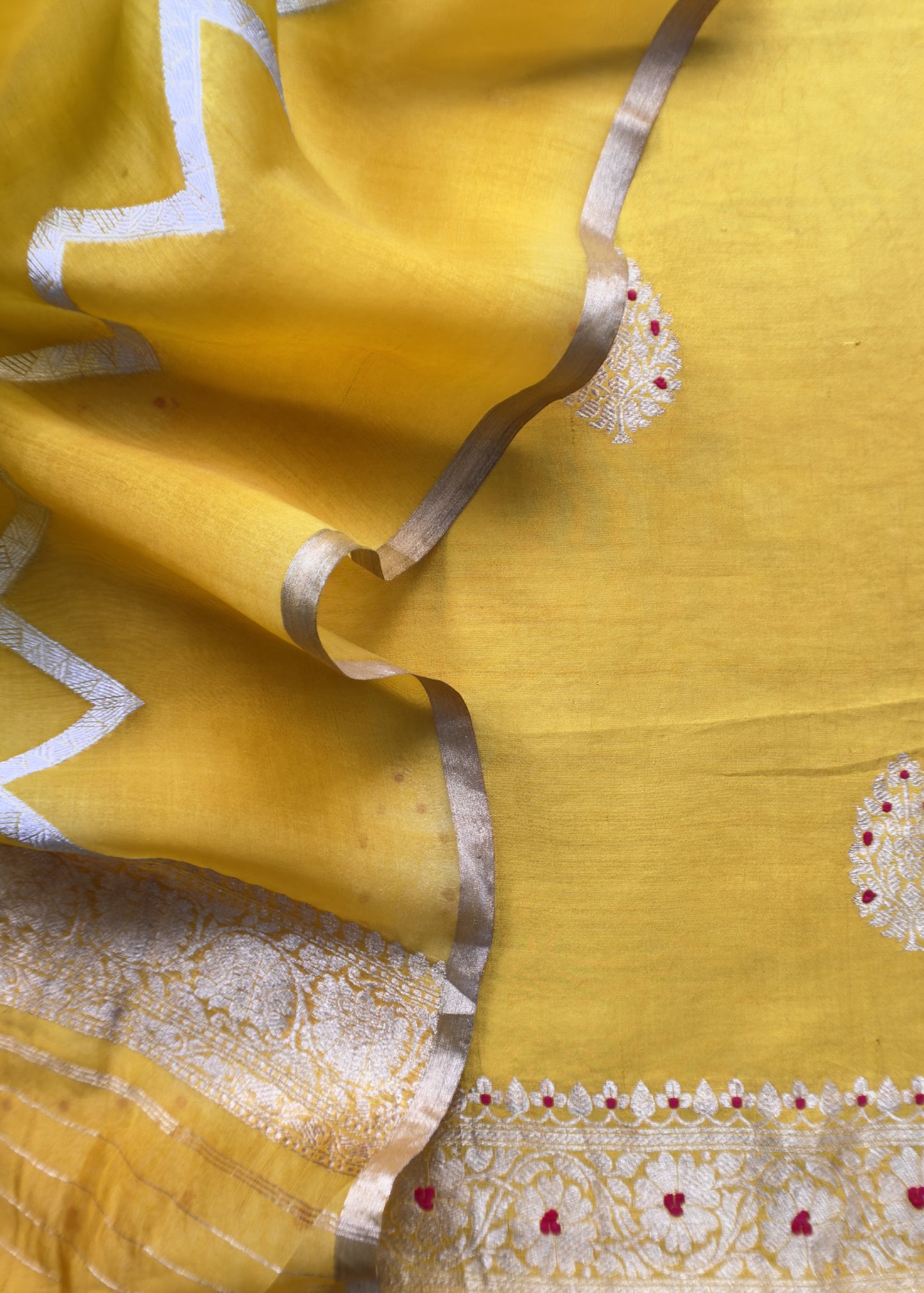 Mustard Yellow Handwoven Banarasi Silk Suit With Gold Zari Weaving