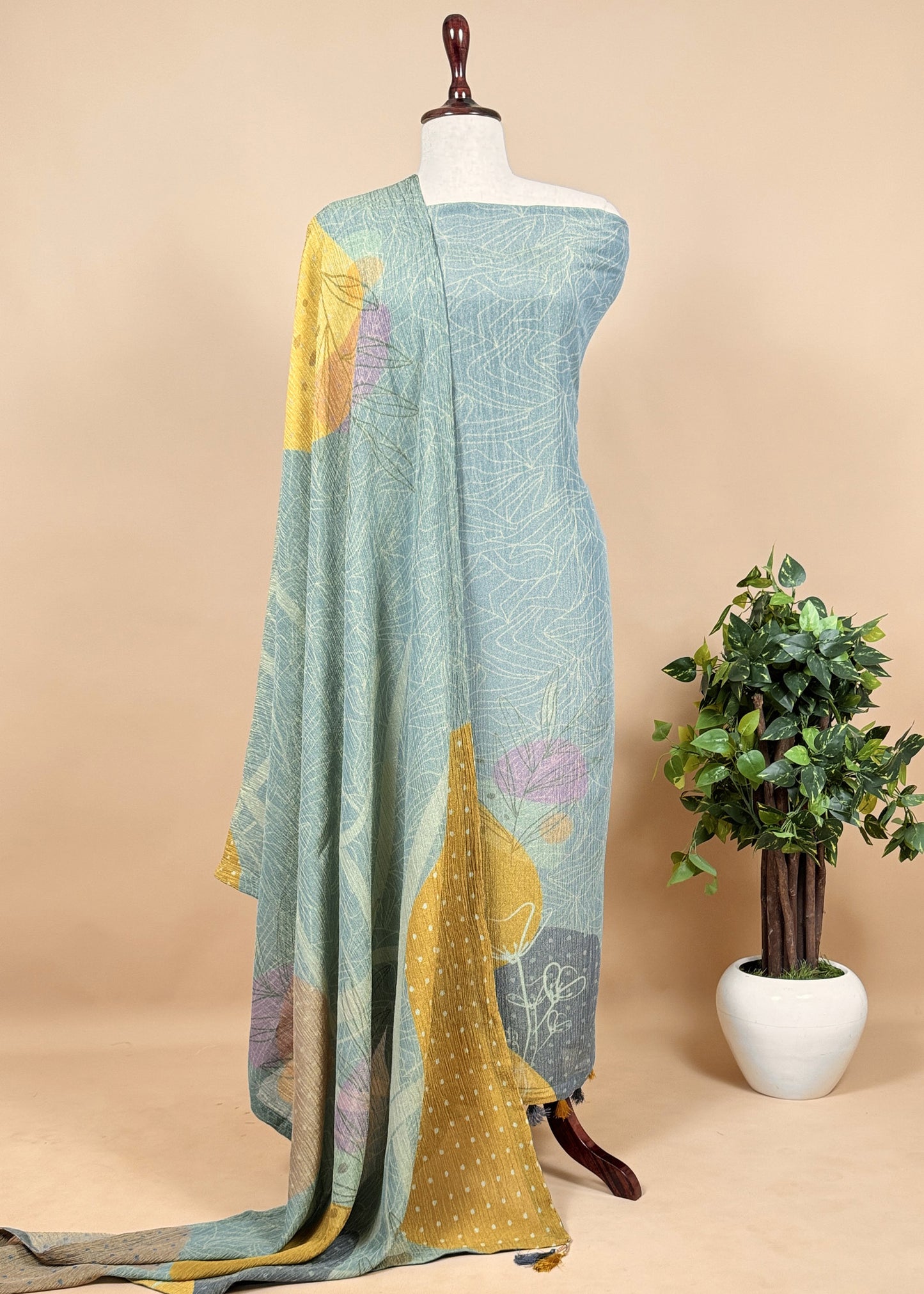Blue Premium Abstract Tissue-Silk Unstitched Dupatta-Suit with Banarasi zari weaving