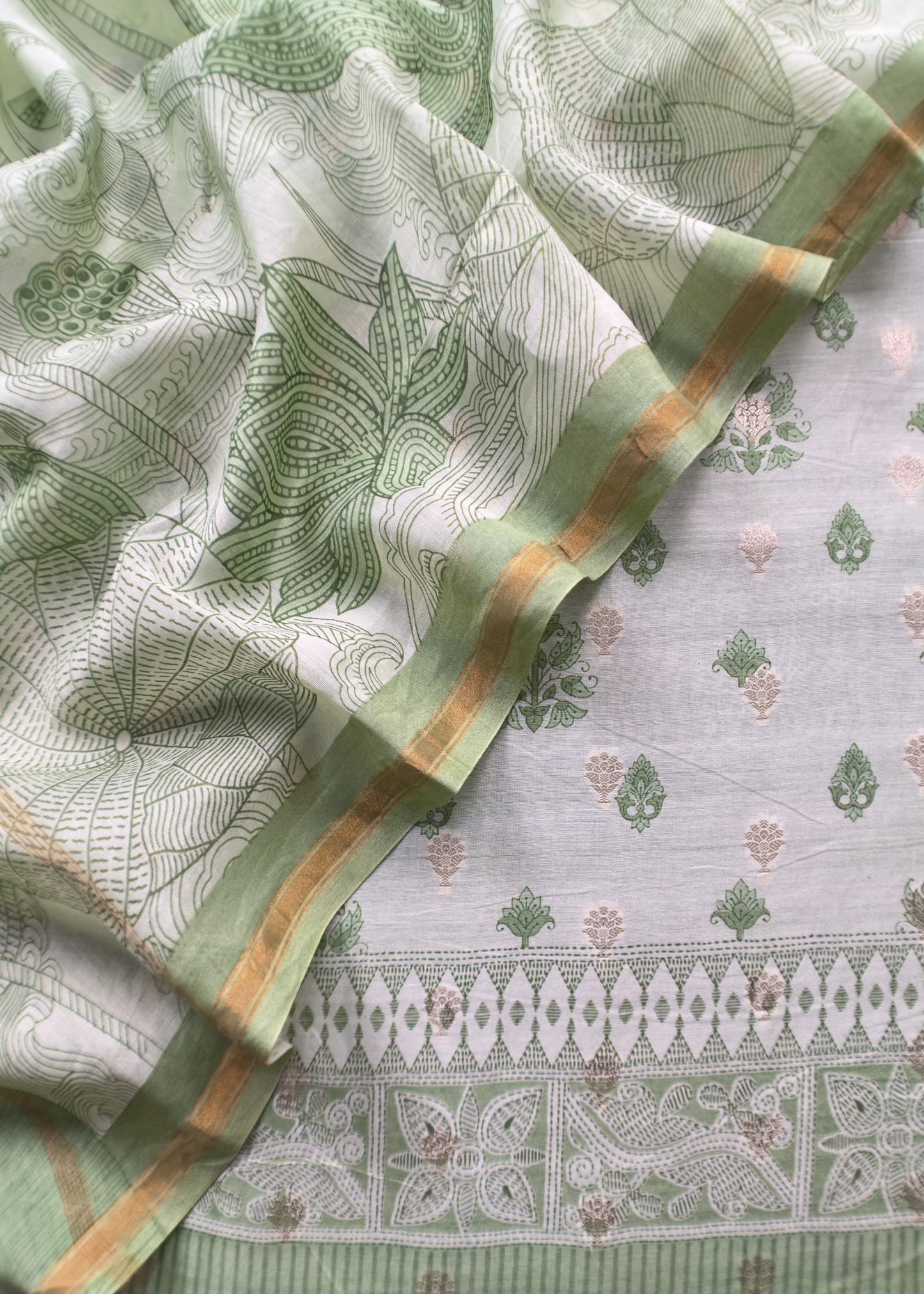 Green Pure Maheshwari With Traditional Hand Block Print