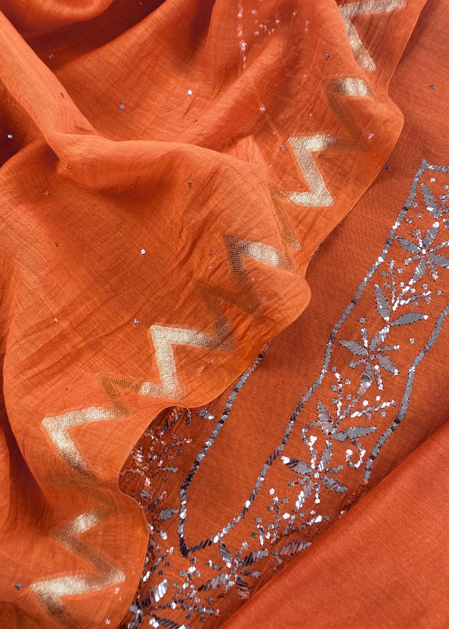 Rust Tangerine Handloom Mulmul Suit With Mukaish Pitta Handwork