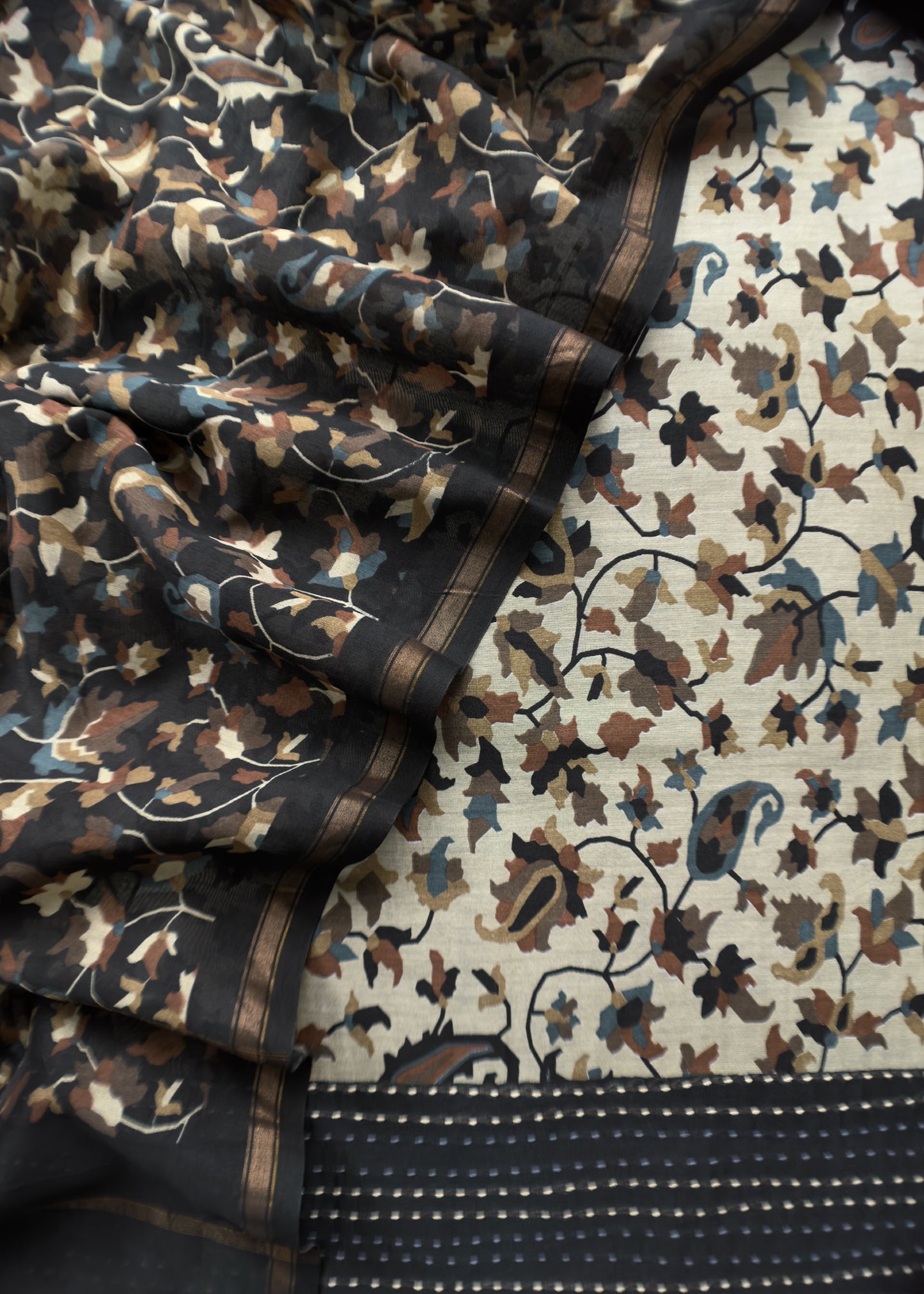 Black Kantha-Embroidered Maheshwari Silk Suit In Kani Print