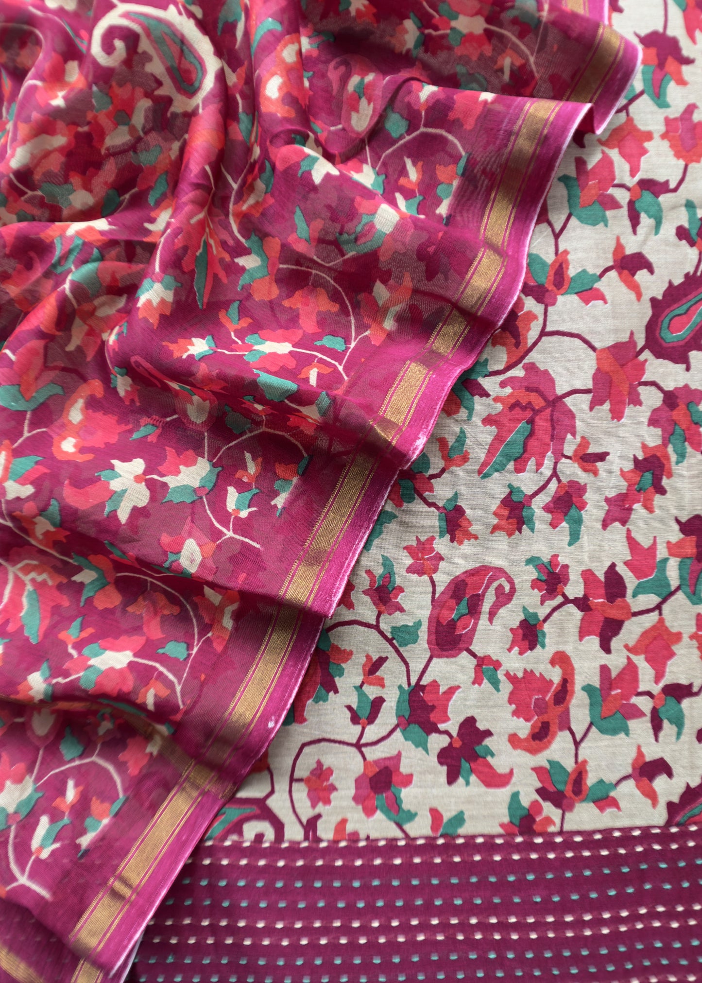Pink Kantha-Embroidered Maheshwari Silk Suit In Kani Print