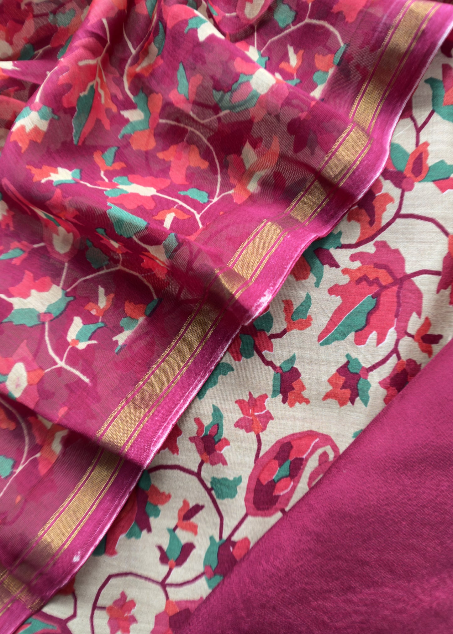 Pink Kantha-Embroidered Maheshwari Silk Suit In Kani Print