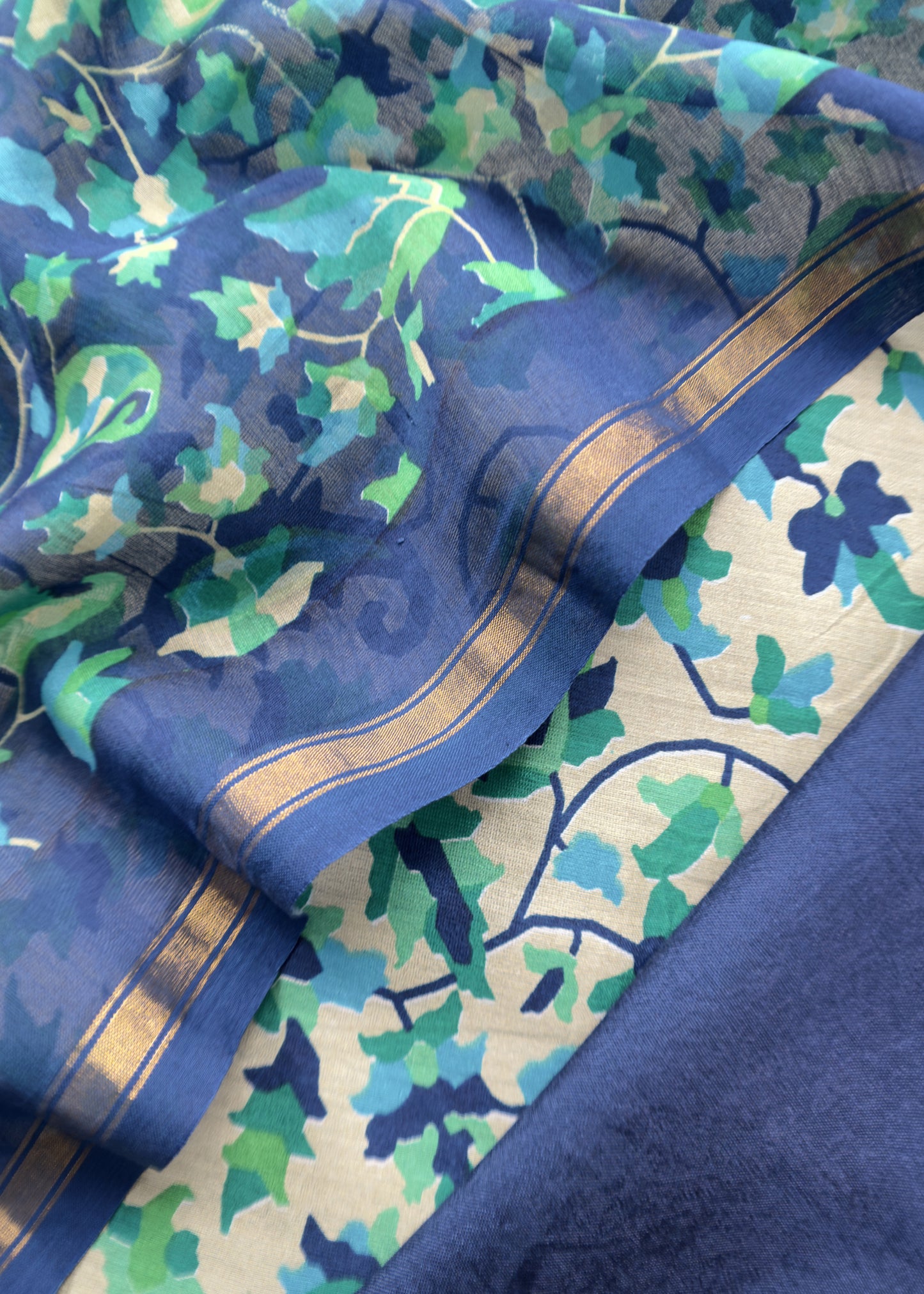 Blue Kantha-Embroidered Maheshwari Silk Suit in Kani Print
