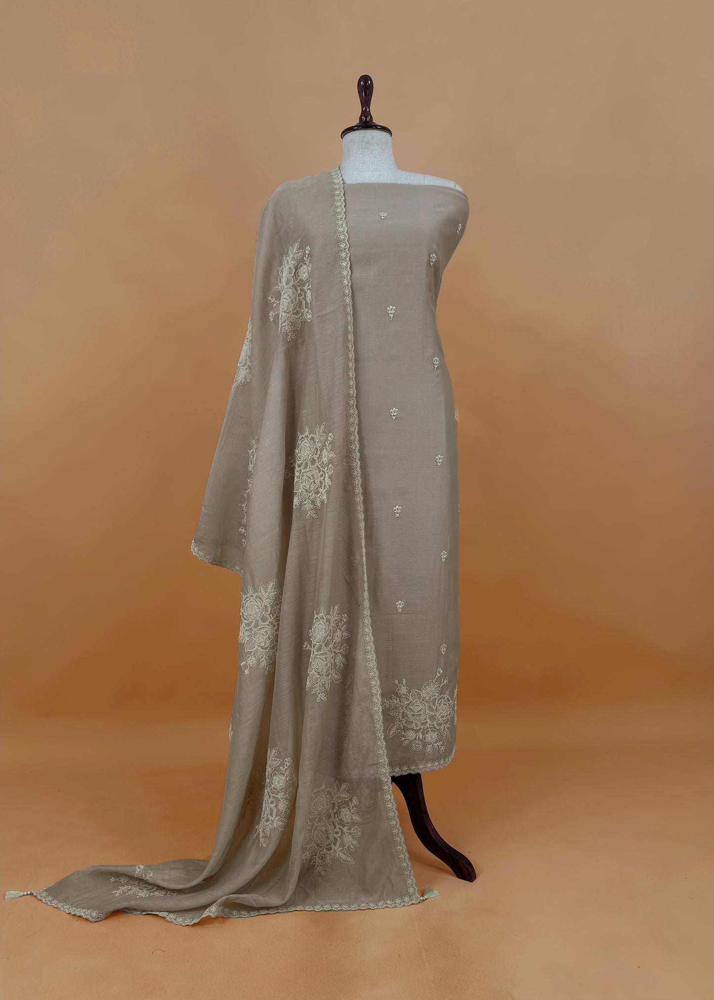 Off White Handloom Mul Unstitched Suit Fabric With French Thread Embroidery