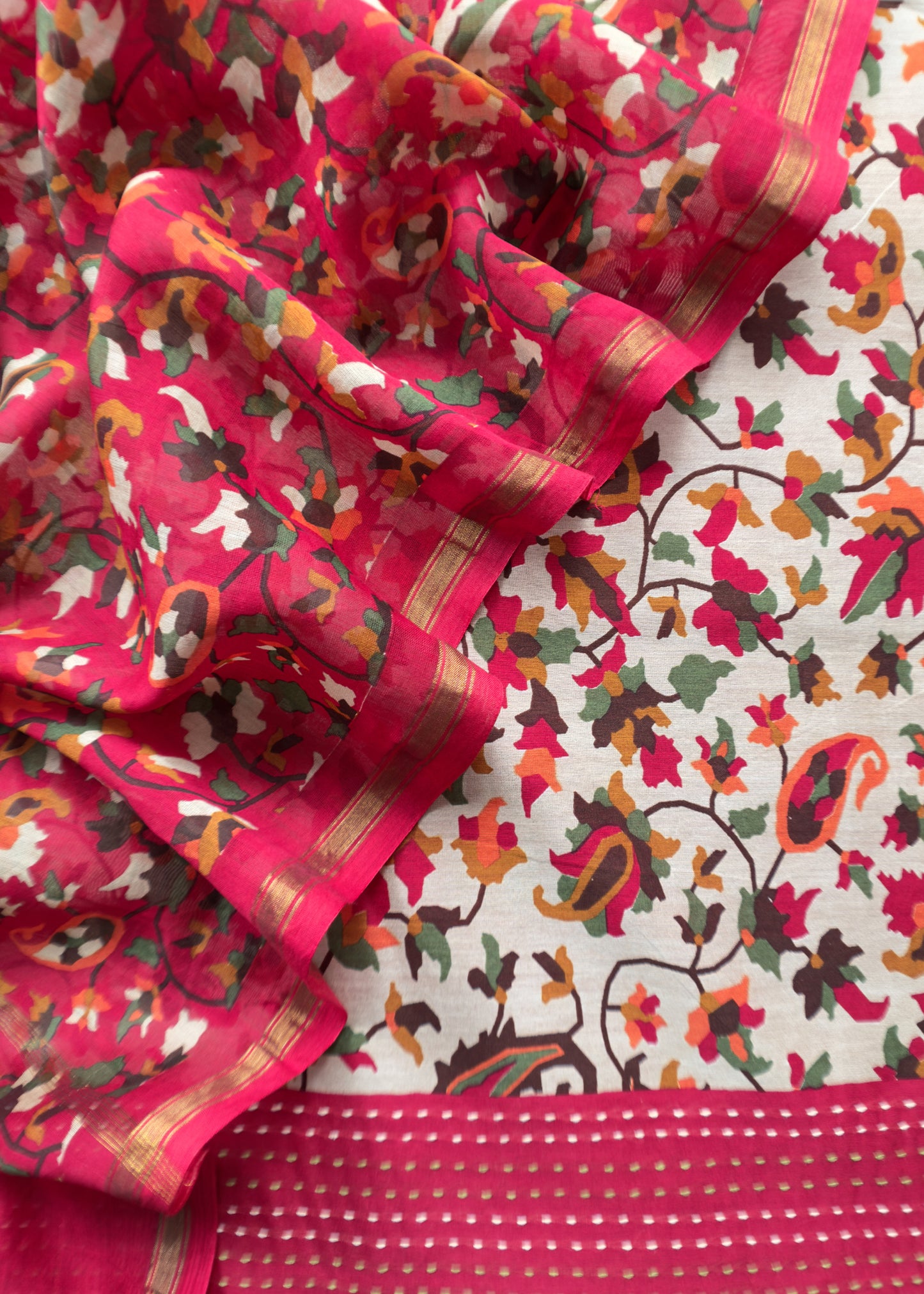 Red Kantha-Embroidered Maheshwari Silk Suit in Kani Print