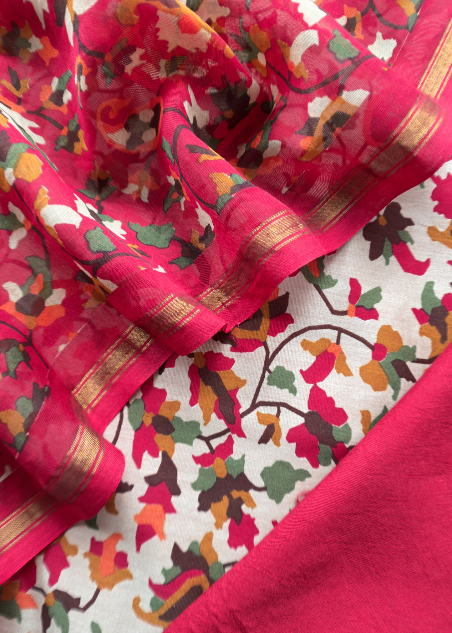 Red Kantha-Embroidered Maheshwari Silk Suit in Kani Print