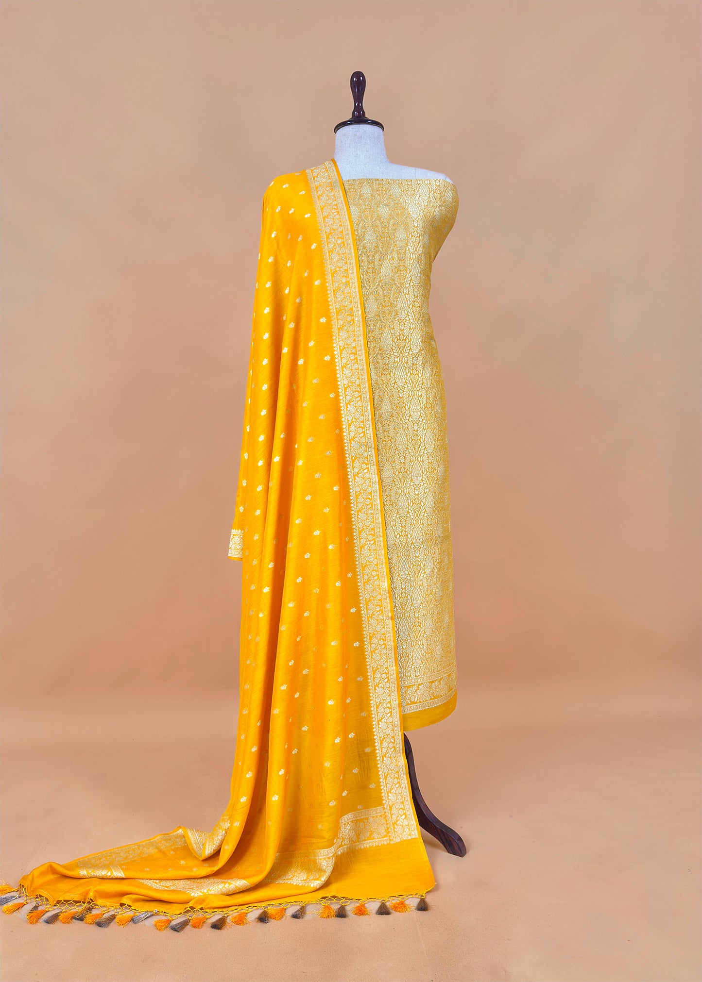 Mango Yellow Georgette Munga Unstitched Suit Fabric With Brocade Gold Kadwa Weaving