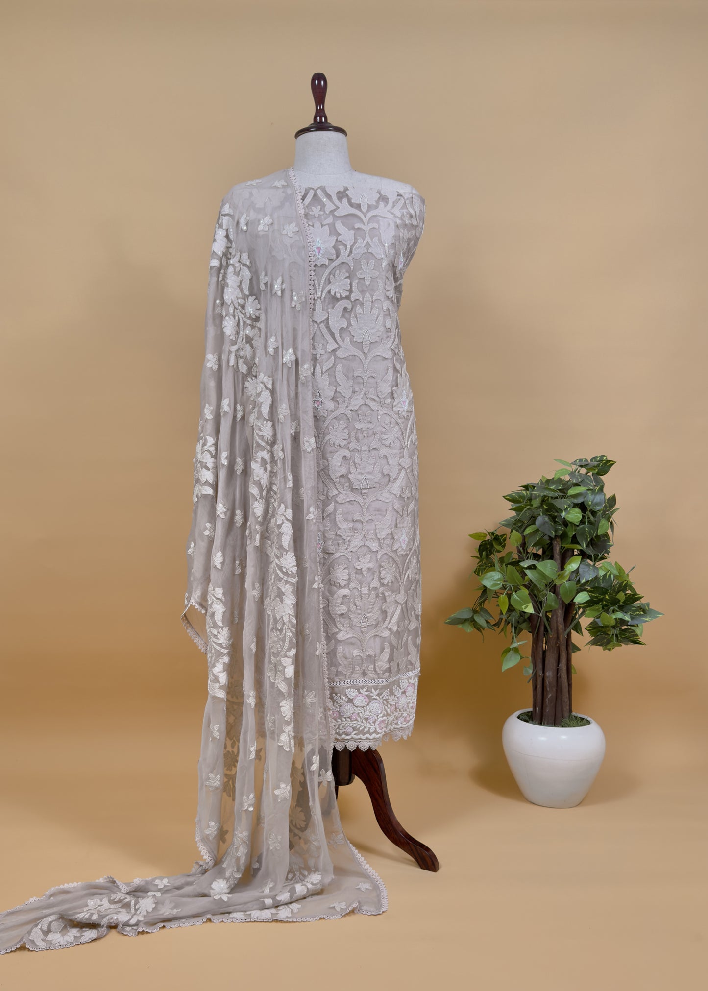 Almond Beige Tissue Kurta With Pure Chiffon Dupatta With Appliqué Work And Hand Work