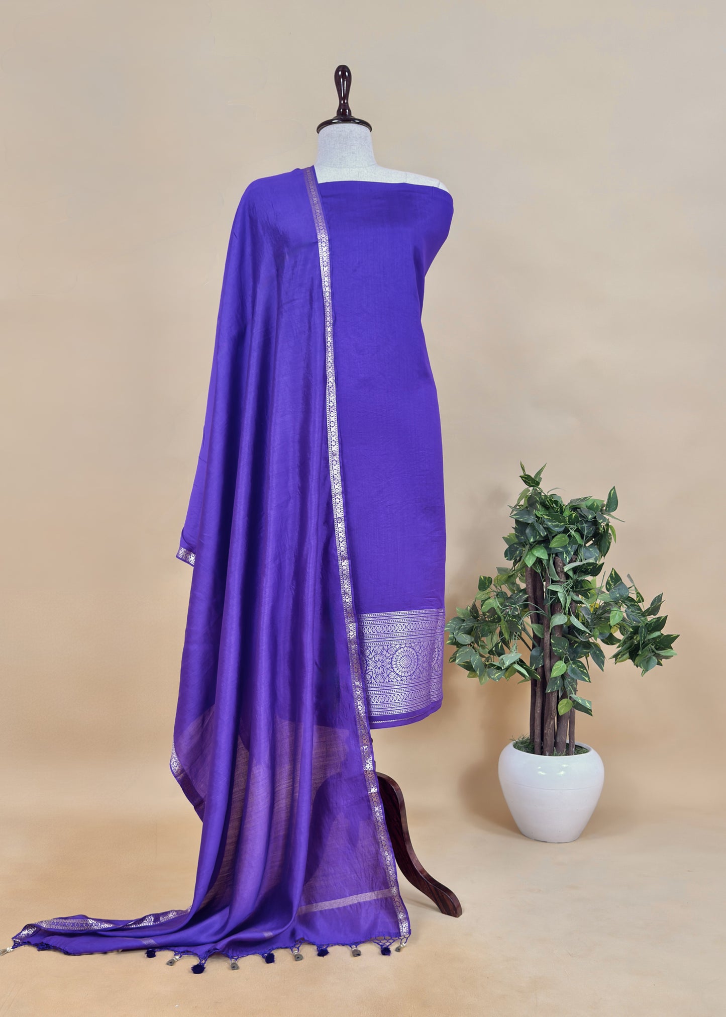 Royal Purple Handloom Chiniya Silk Suit Fabric With Silver Zari Weaving