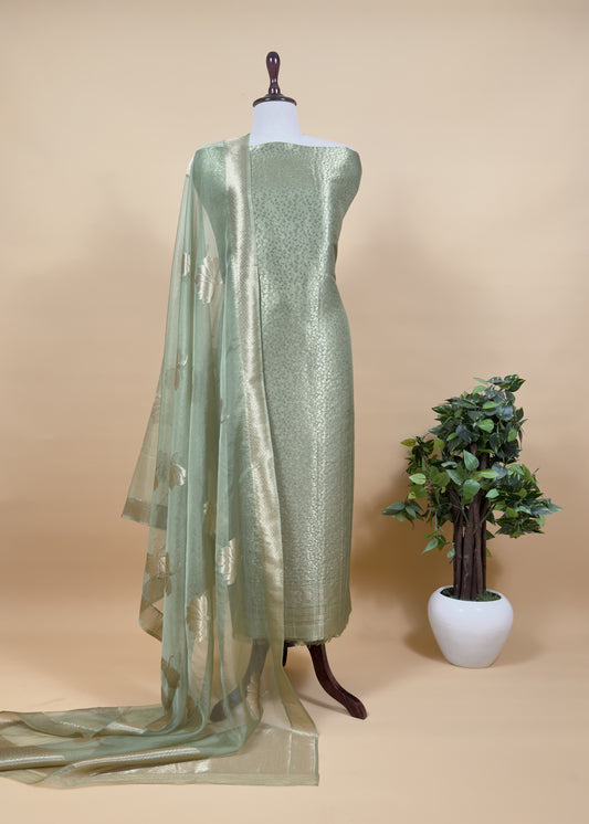 Light Green Banarasi Silk Brocade Suit With Organza Dupatta