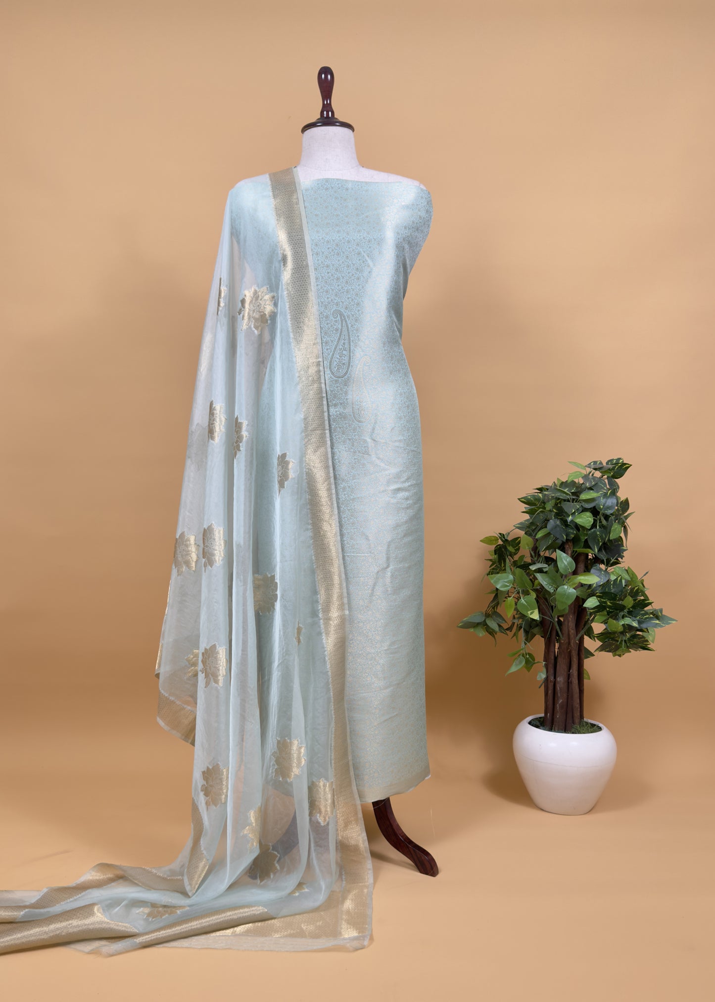 Light Green Banarasi Silk Brocade Suit With Organza Dupatta