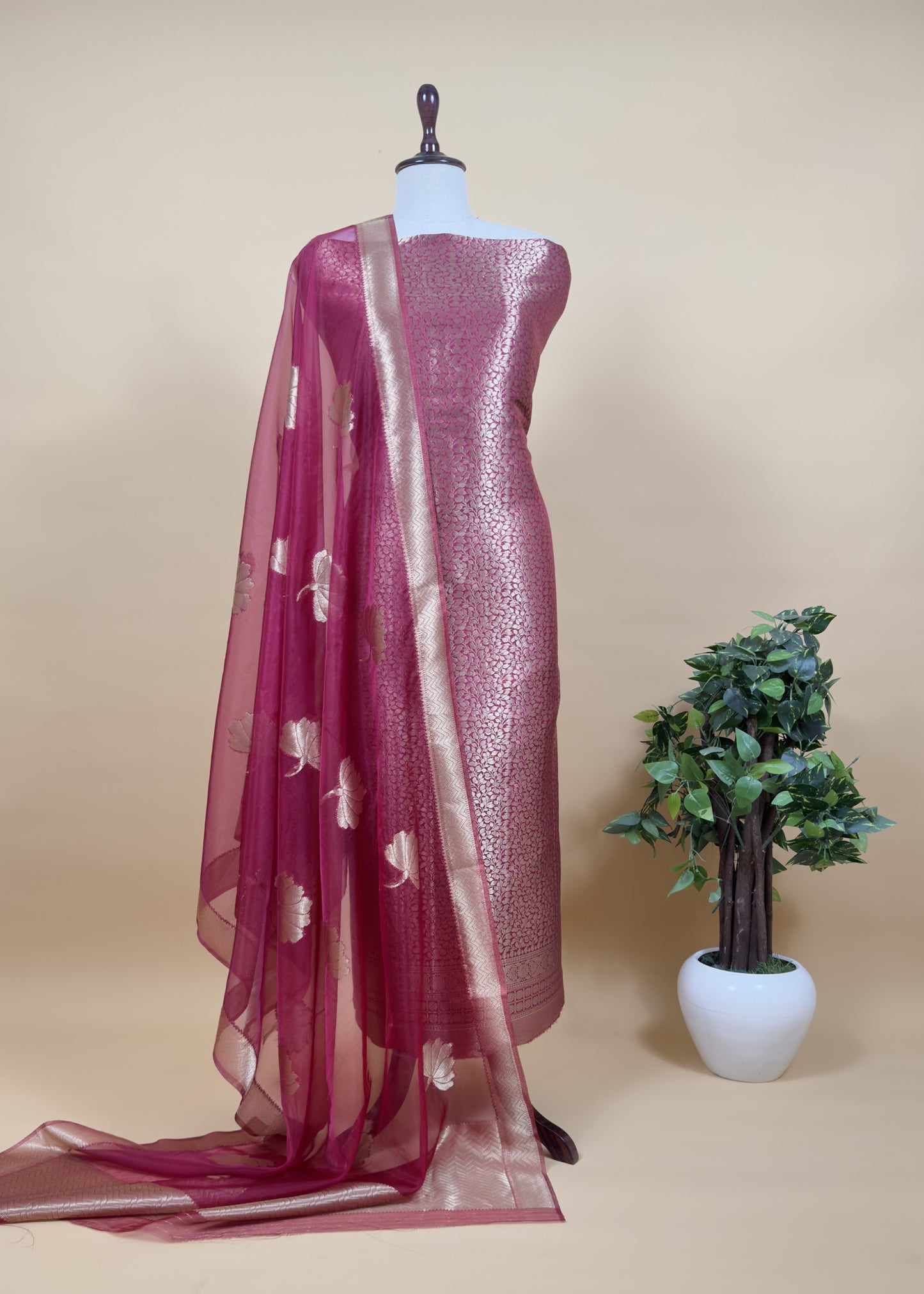 Light Green Banarasi Silk Brocade Suit With Organza Dupatta