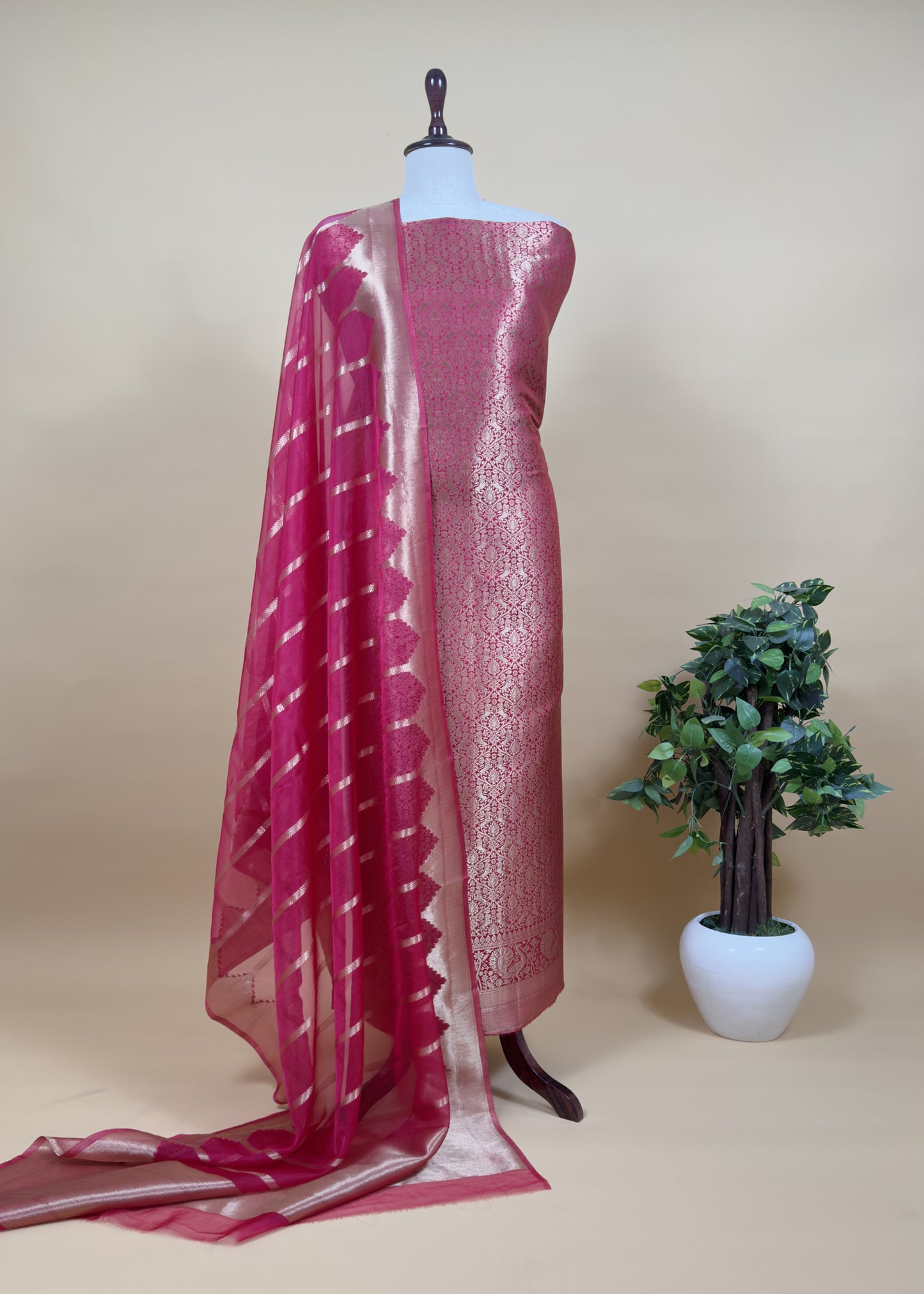 Yellow Banarasi Silk Brocade Suit With Organza Dupatta