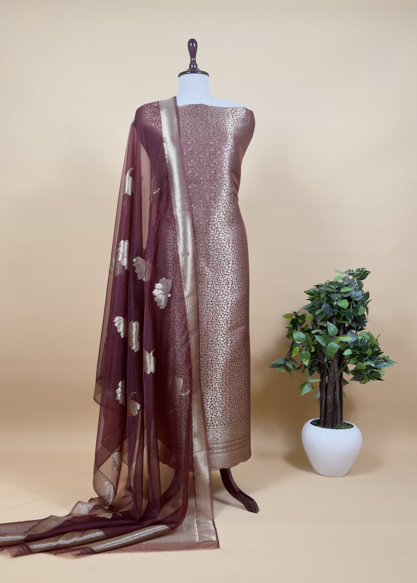 Light Green Banarasi Silk Brocade Suit With Organza Dupatta