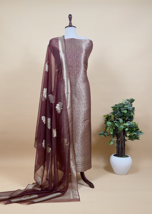 Maroon Banarasi Silk Brocade Suit With Organza Dupatta