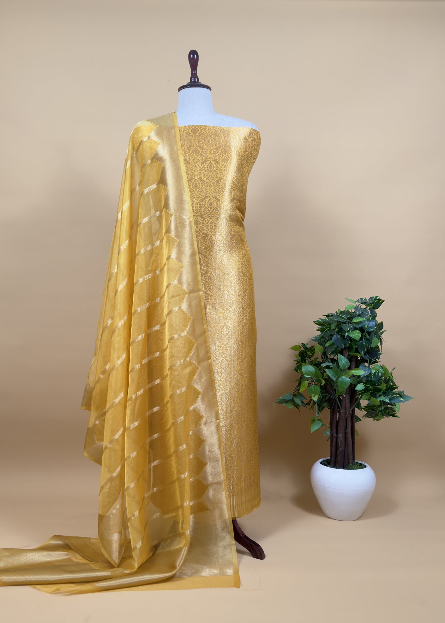 Yellow Banarasi Silk Brocade Suit With Organza Dupatta