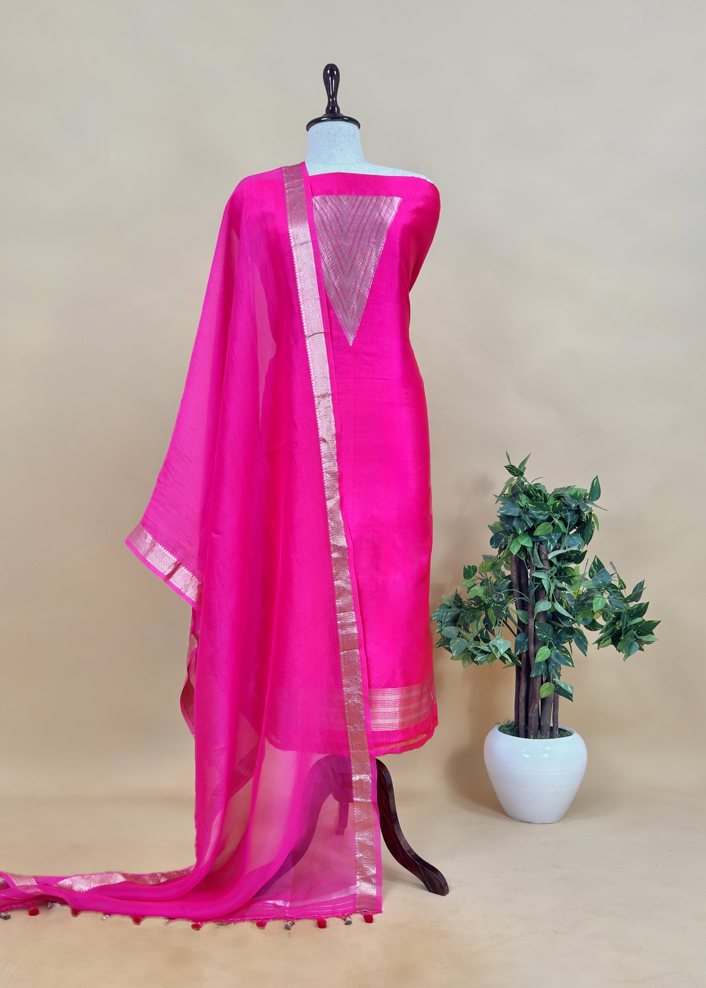 Designer Bright Pink Handloom silk suit with Zari weaving