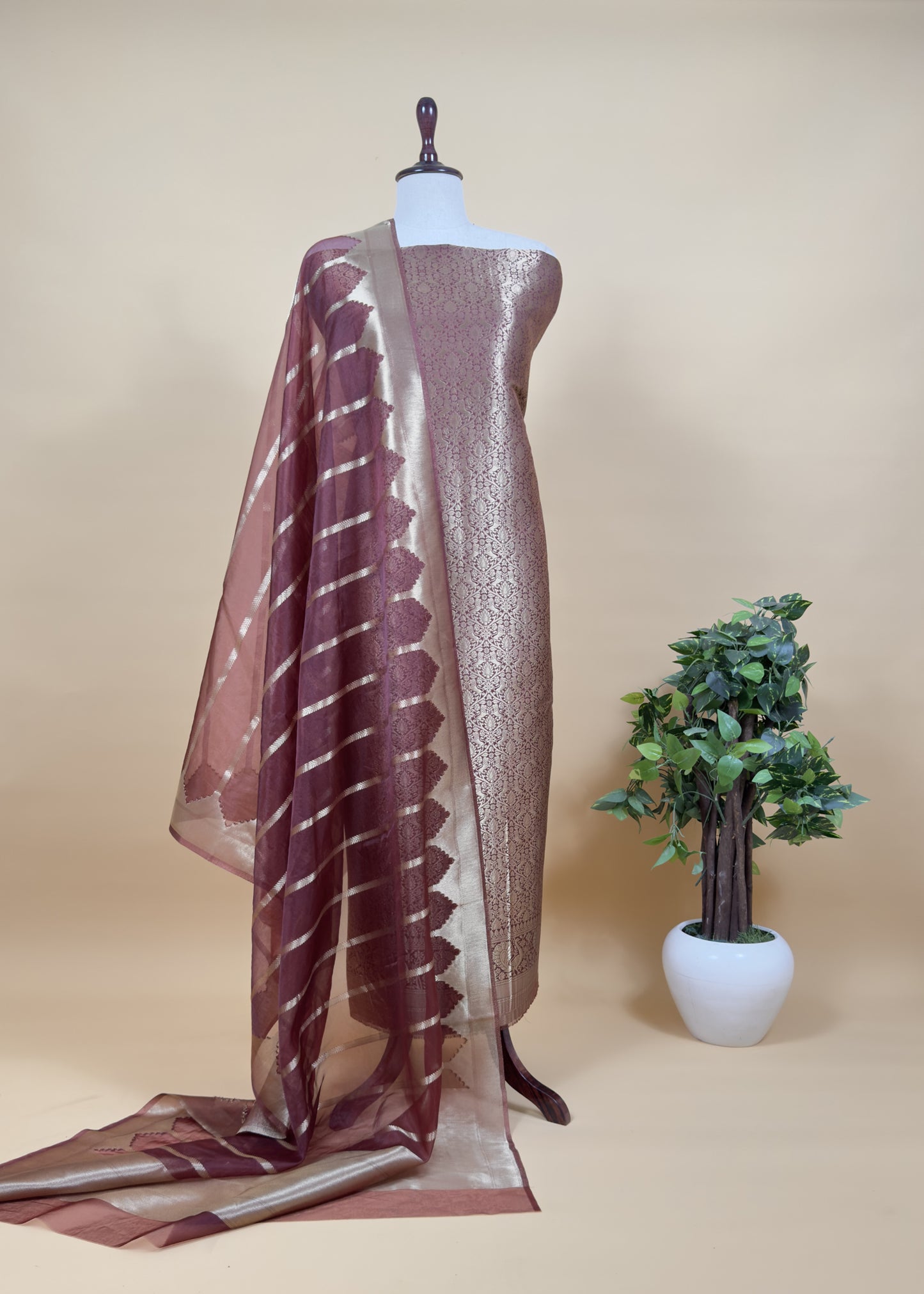 Yellow Banarasi Silk Brocade Suit With Organza Dupatta