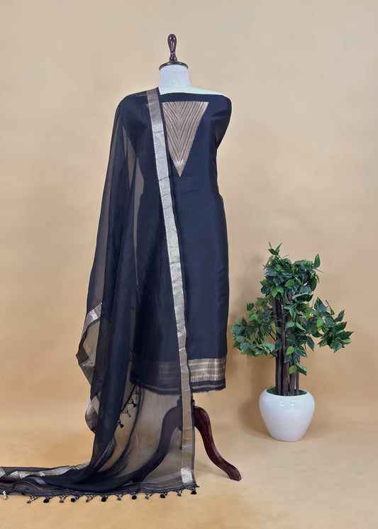 Designer Bright Black Handloom silk suit with Zari weaving