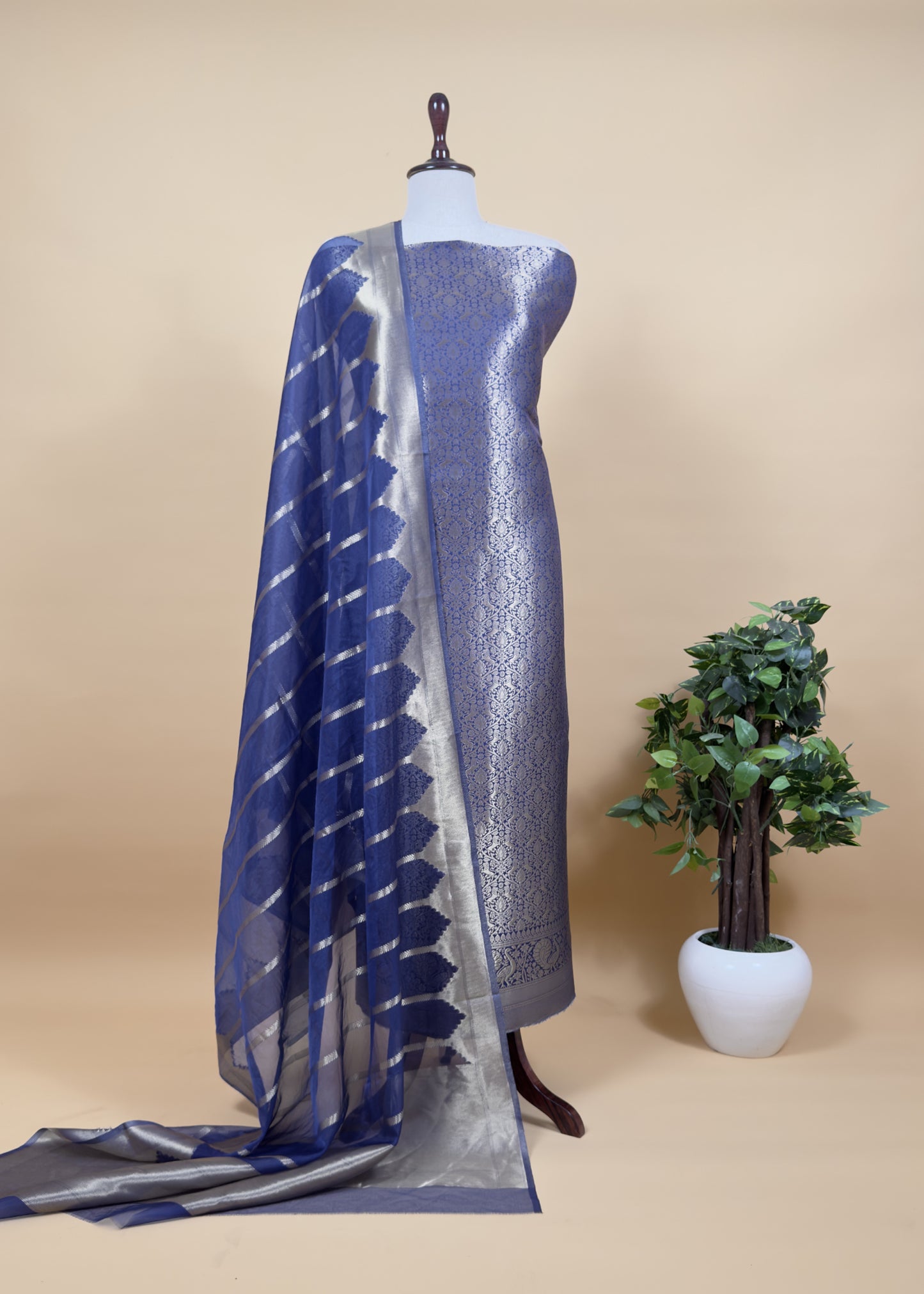Yellow Banarasi Silk Brocade Suit With Organza Dupatta