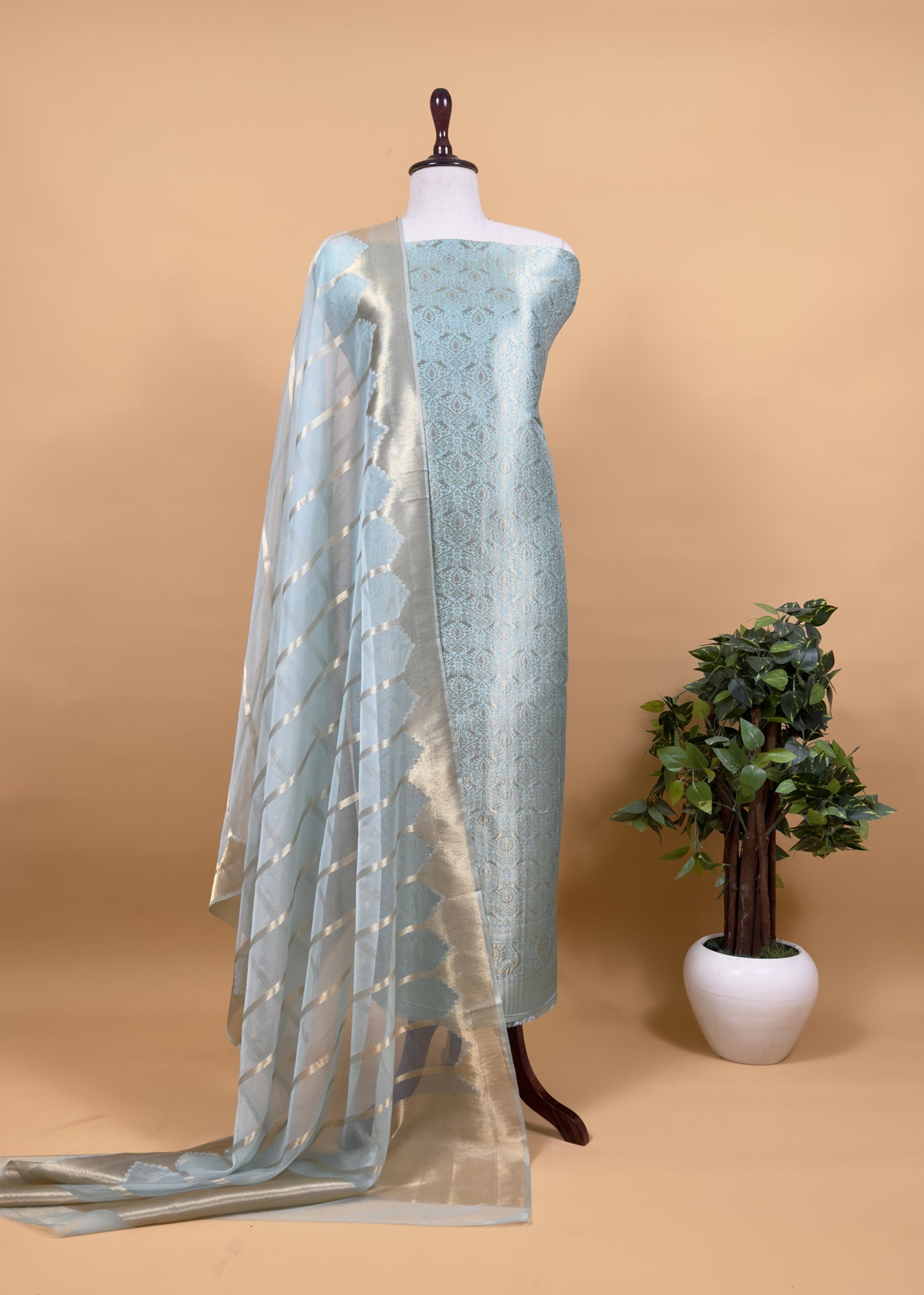 Yellow Banarasi Silk Brocade Suit With Organza Dupatta
