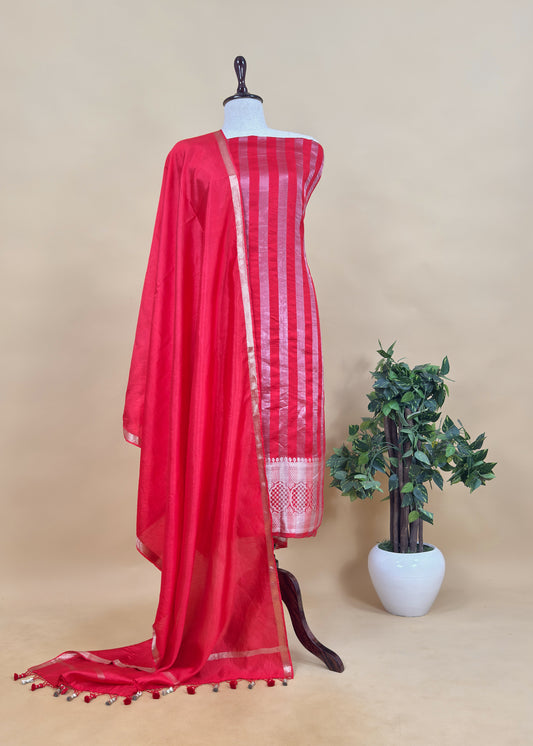 Maharani Red Gold Zari Woven Handloom Silk Suit Fabric