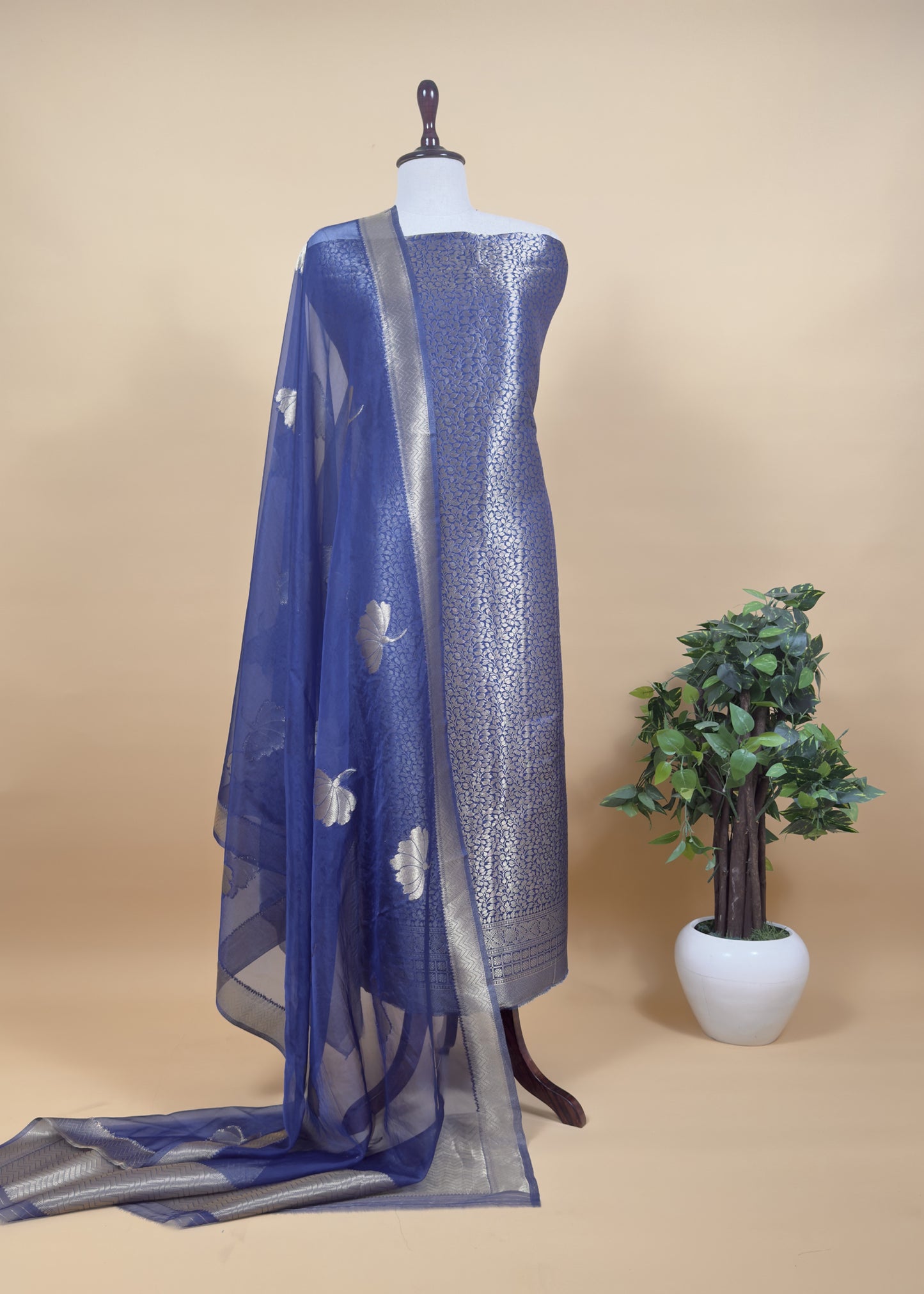 Light Green Banarasi Silk Brocade Suit With Organza Dupatta