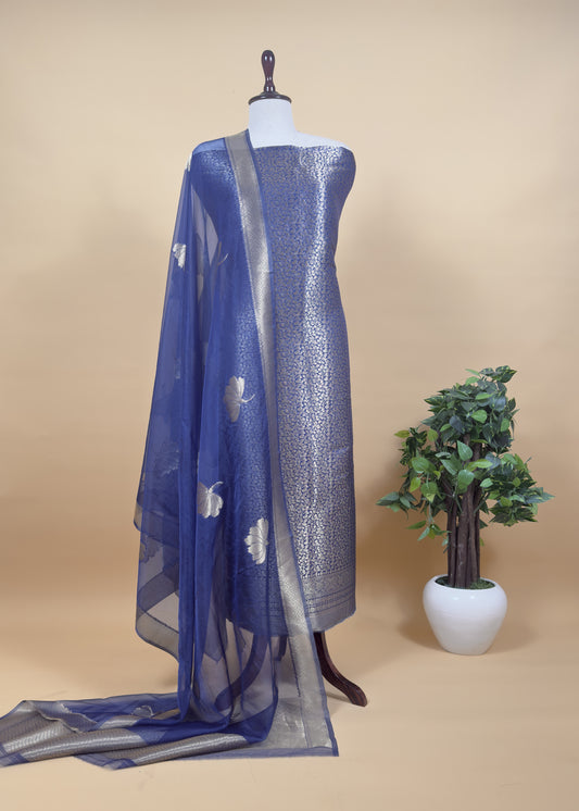 Blue Banarasi Silk Brocade Suit With Organza Dupatta