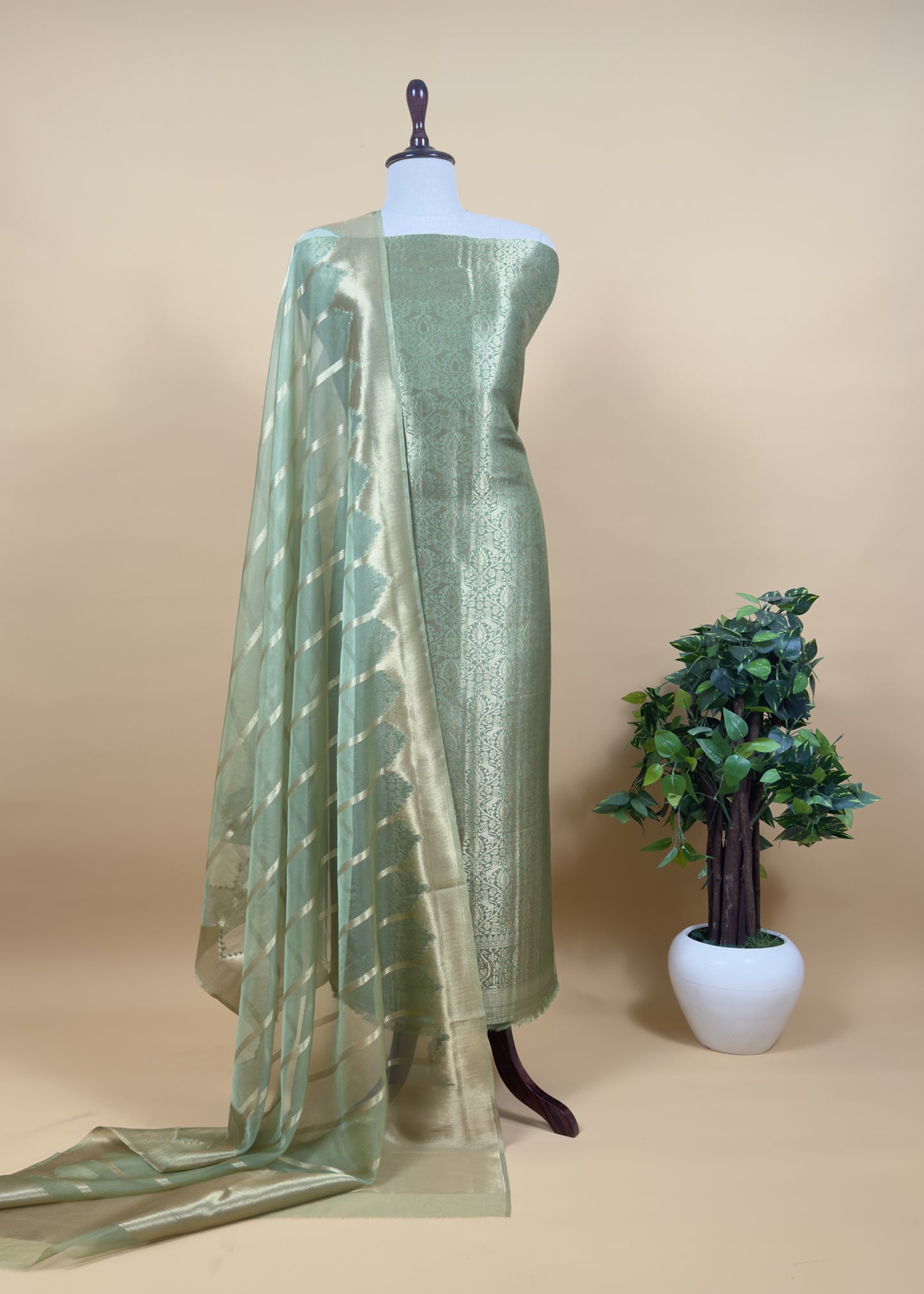 Yellow Banarasi Silk Brocade Suit With Organza Dupatta