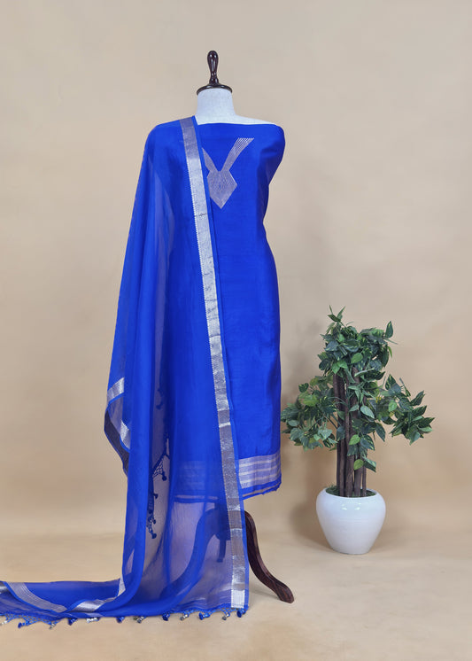Designer Sapphire Blue Handloom silk suit with Zari weaving