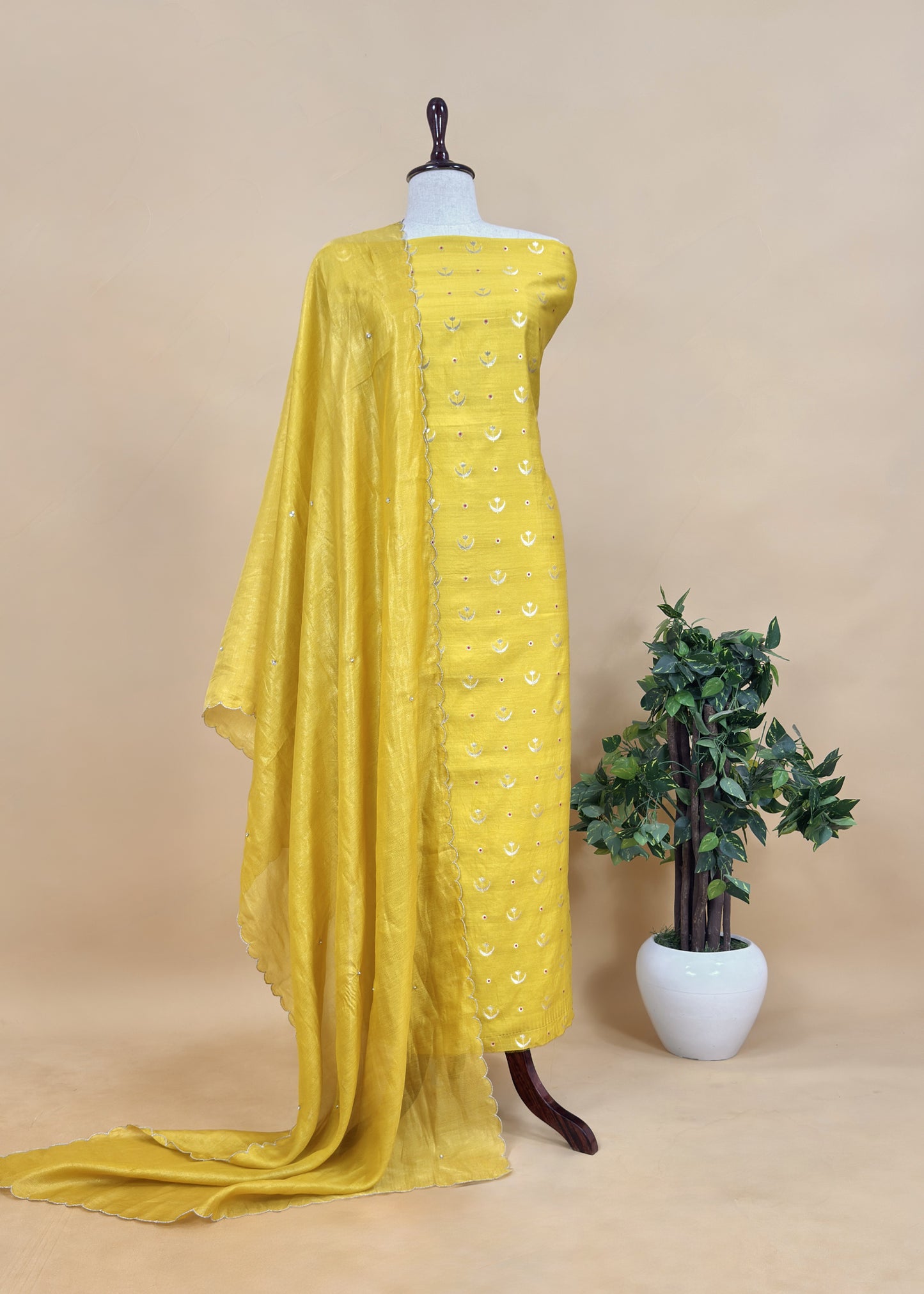 Yellow Chaandbaali Pure Satin Silk Kurta and Tissue Silk Dupatta with Handwork