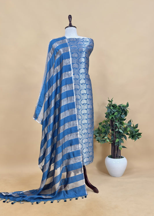 Teal Blue Pure Palm Trees Brocade Silk Kurta And Zari Panel Silk Dupatta