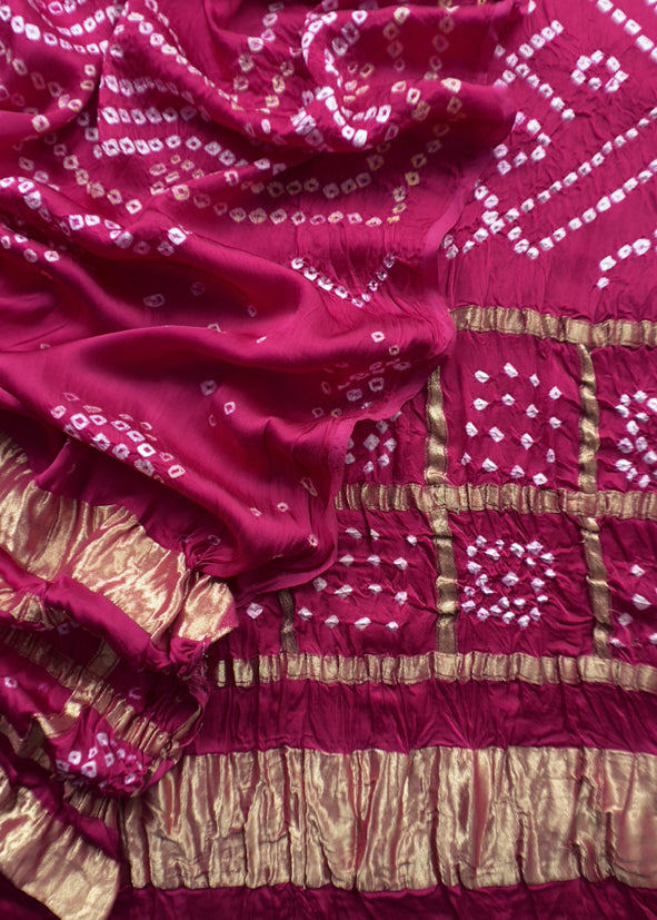 Heer Pink Pure Gajji Silk Gharchola Bandhani Suit With Gold Lakdi Patta weaving