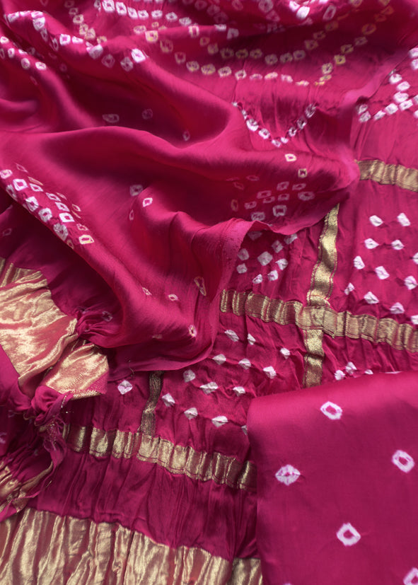 Heer Pink Pure Gajji Silk Gharchola Bandhani Suit With Gold Lakdi Patta weaving