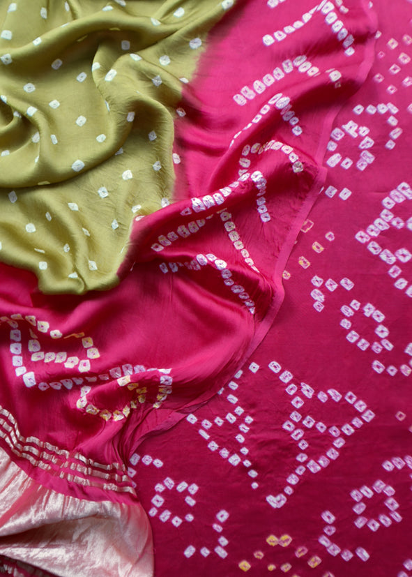 Heer Pink Pure Gajji Silk Bandhani Suit With Gold Lakdi patta