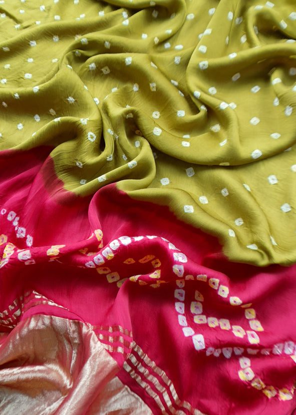 Heer Pink Pure Gajji Silk Bandhani Suit With Gold Lakdi patta