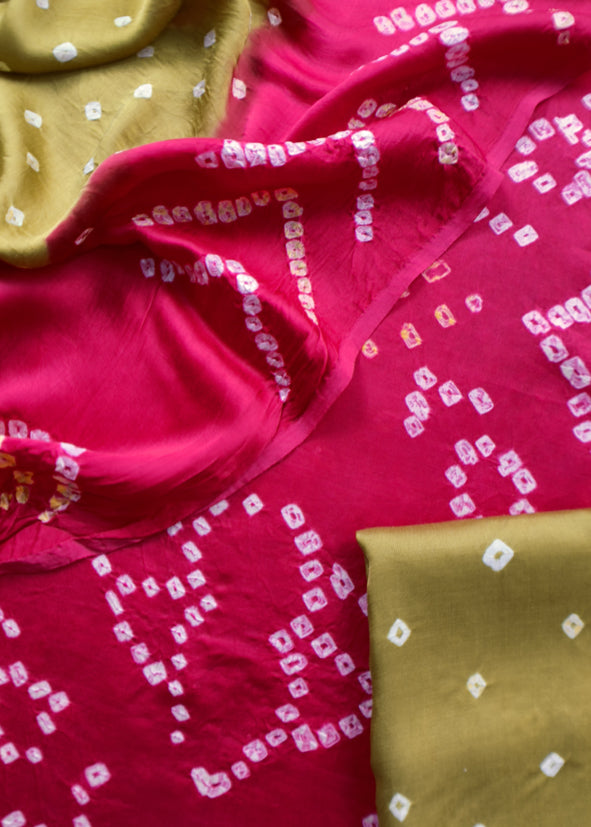 Heer Pink Pure Gajji Silk Bandhani Suit With Gold Lakdi patta