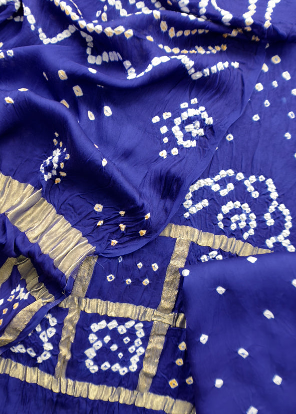 Heer Azure Blue Pure Gajji Silk Gharchola Bandhani Suit with Gold Lakdi patta weaving