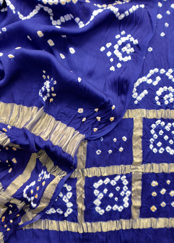 Heer Azure Blue Pure Gajji Silk Gharchola Bandhani Suit with Gold Lakdi patta weaving