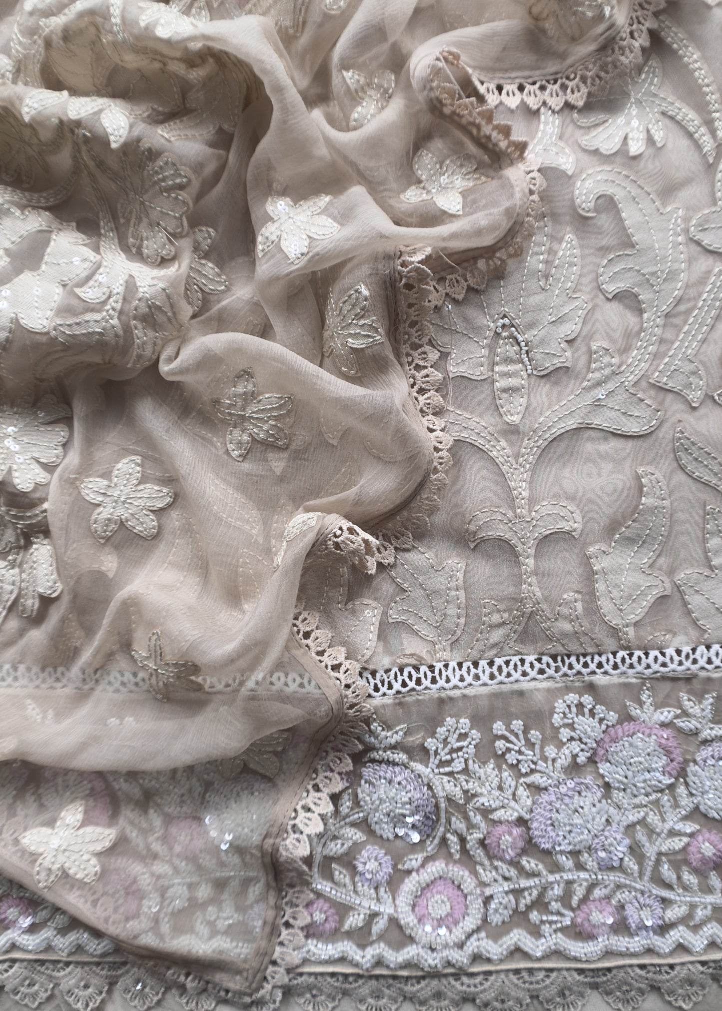 Almond Beige Tissue Kurta With Pure Chiffon Dupatta With Appliqué Work And Hand Work