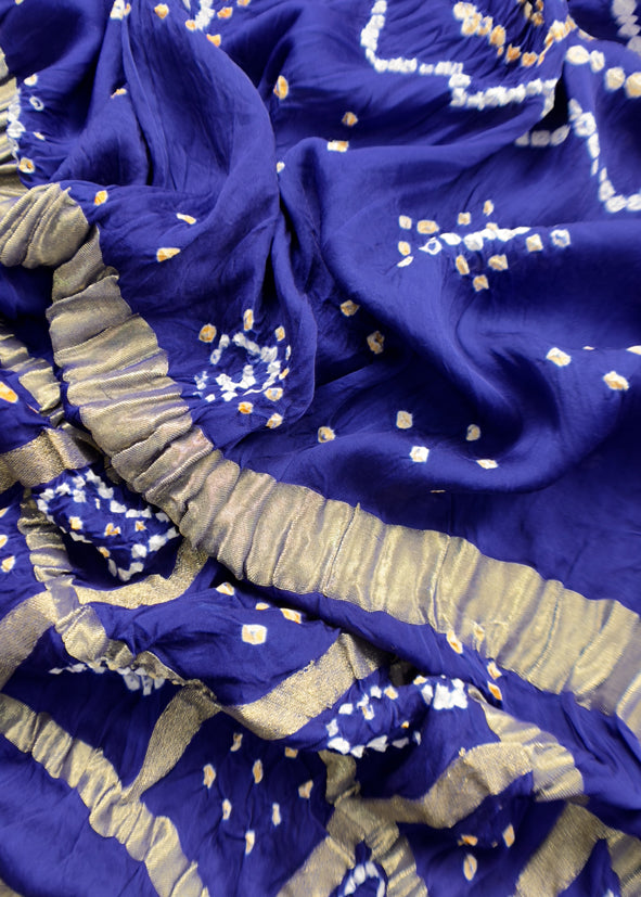 Heer Azure Blue Pure Gajji Silk Gharchola Bandhani Suit with Gold Lakdi patta weaving