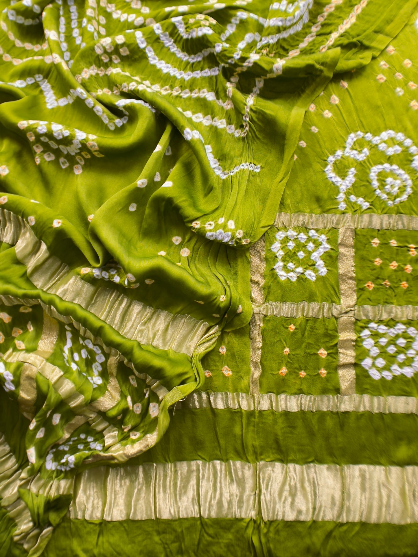 Heer Green Pure Gajji Silk Gharchola Bandhani Suit With Gold Lakdi Patta Weaving