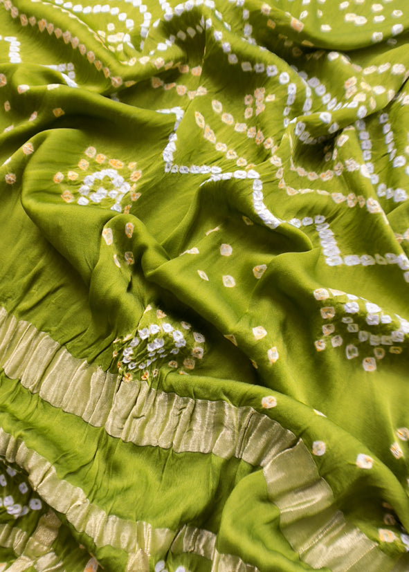 Heer Green Pure Gajji Silk Gharchola Bandhani Suit With Gold Lakdi Patta Weaving